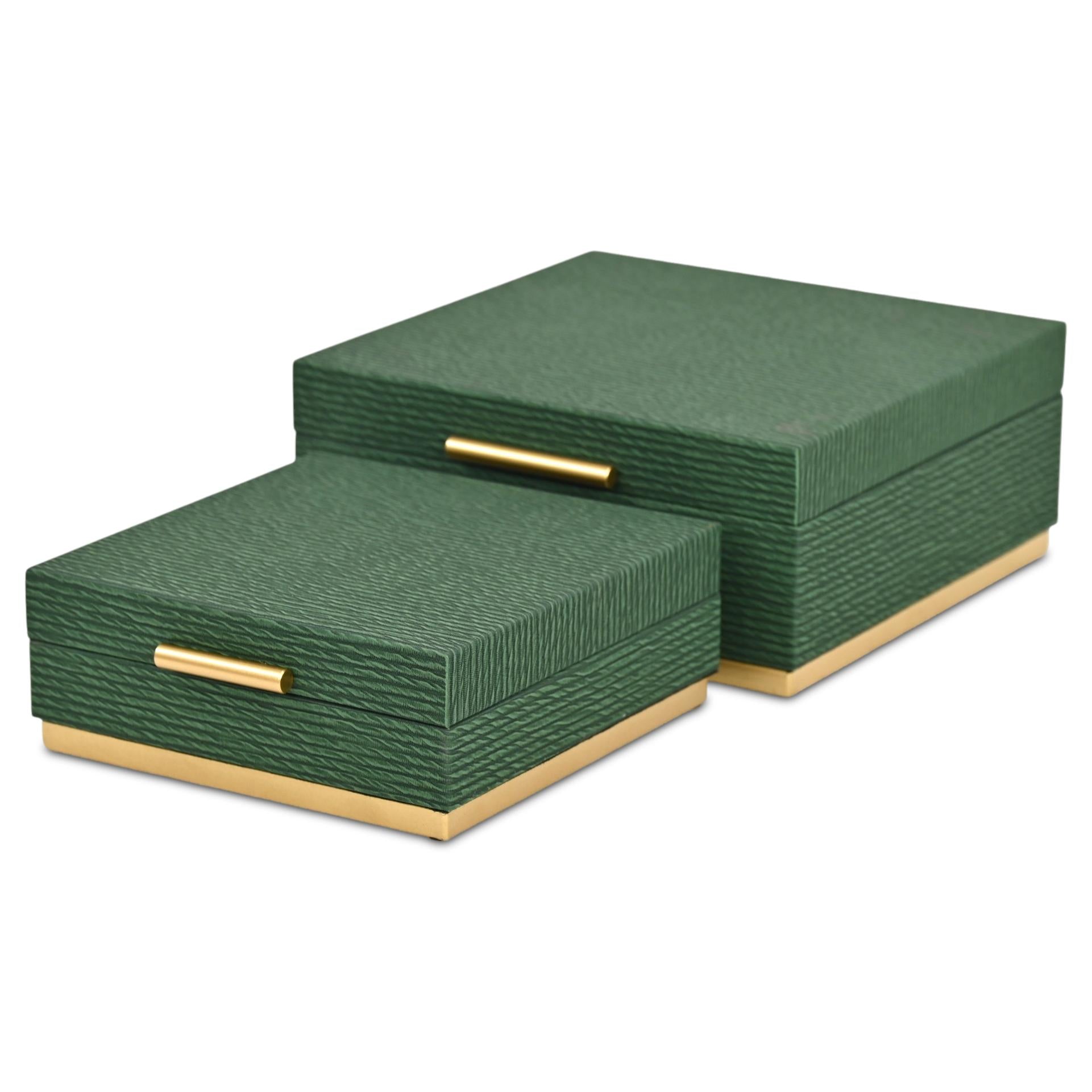 Set of Two Green And Gold Striped Square Nesting Storage Boxes With Lids