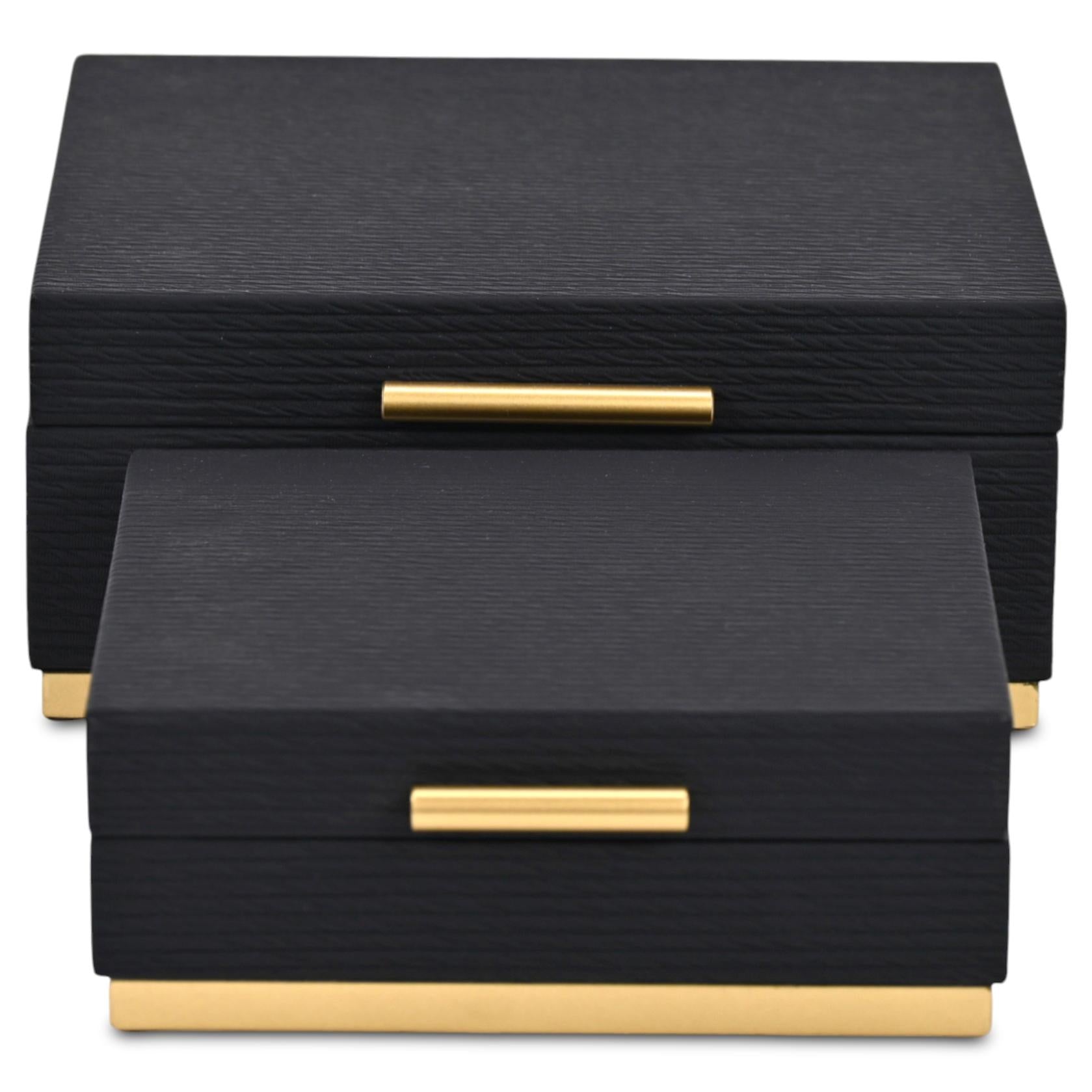 Set of Two Black And Gold Striped Square Nesting Storage Boxes With Lids