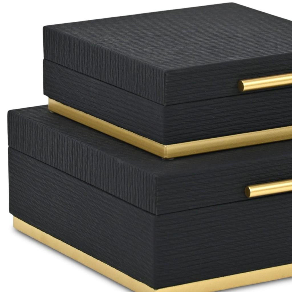 Set of Two Black And Gold Striped Square Nesting Storage Boxes With Lids