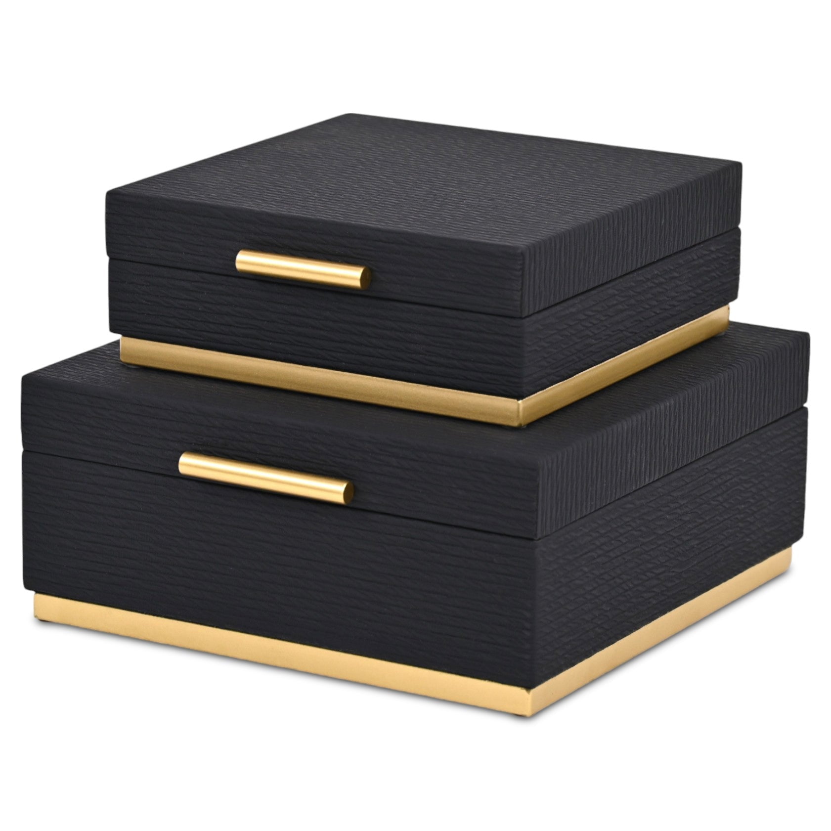 Set of Two Black And Gold Striped Square Nesting Storage Boxes With Lids