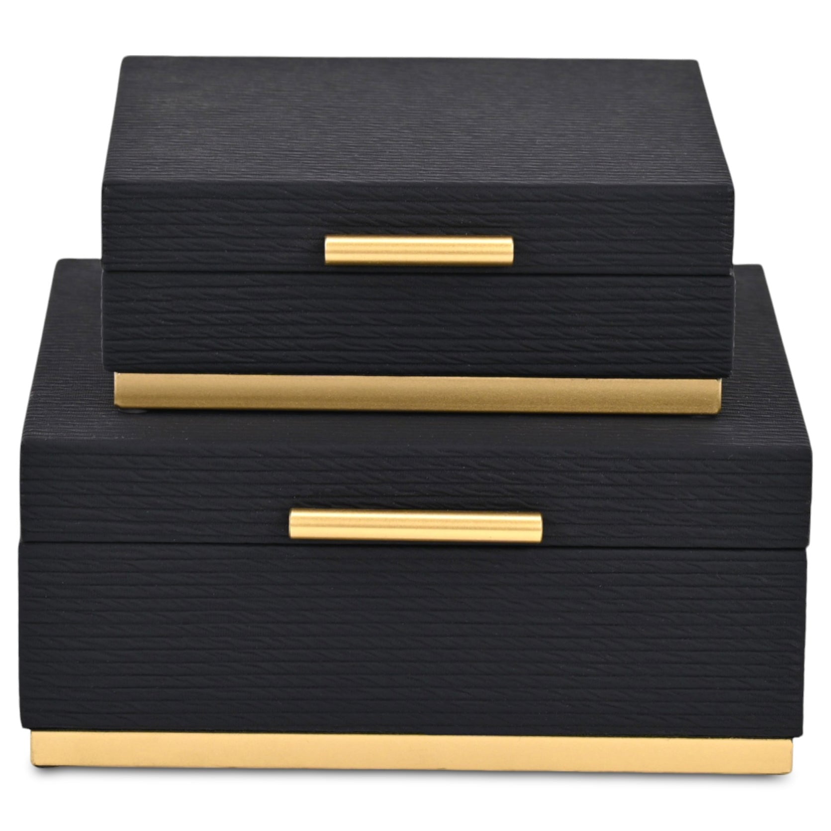 Set of Two Black And Gold Striped Square Nesting Storage Boxes With Lids