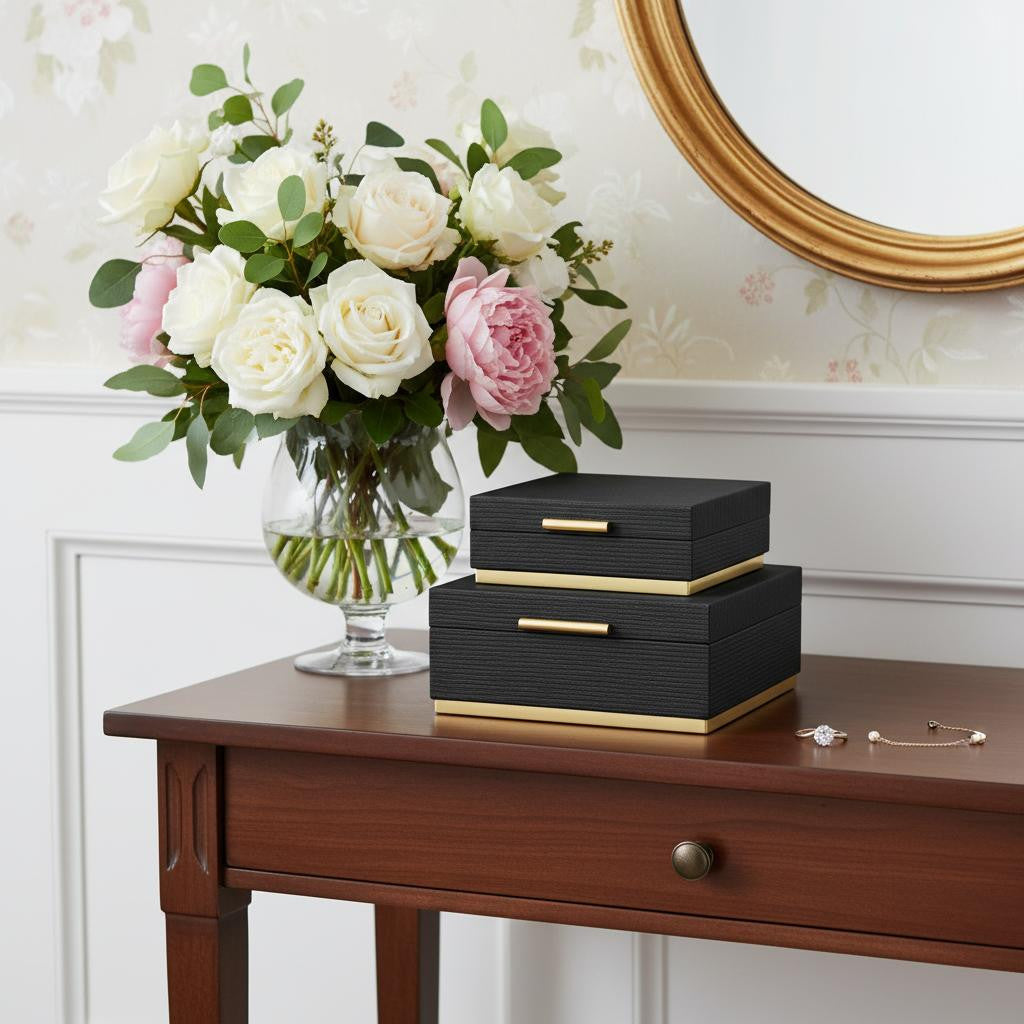Set of Two Black And Gold Striped Square Nesting Storage Boxes With Lids