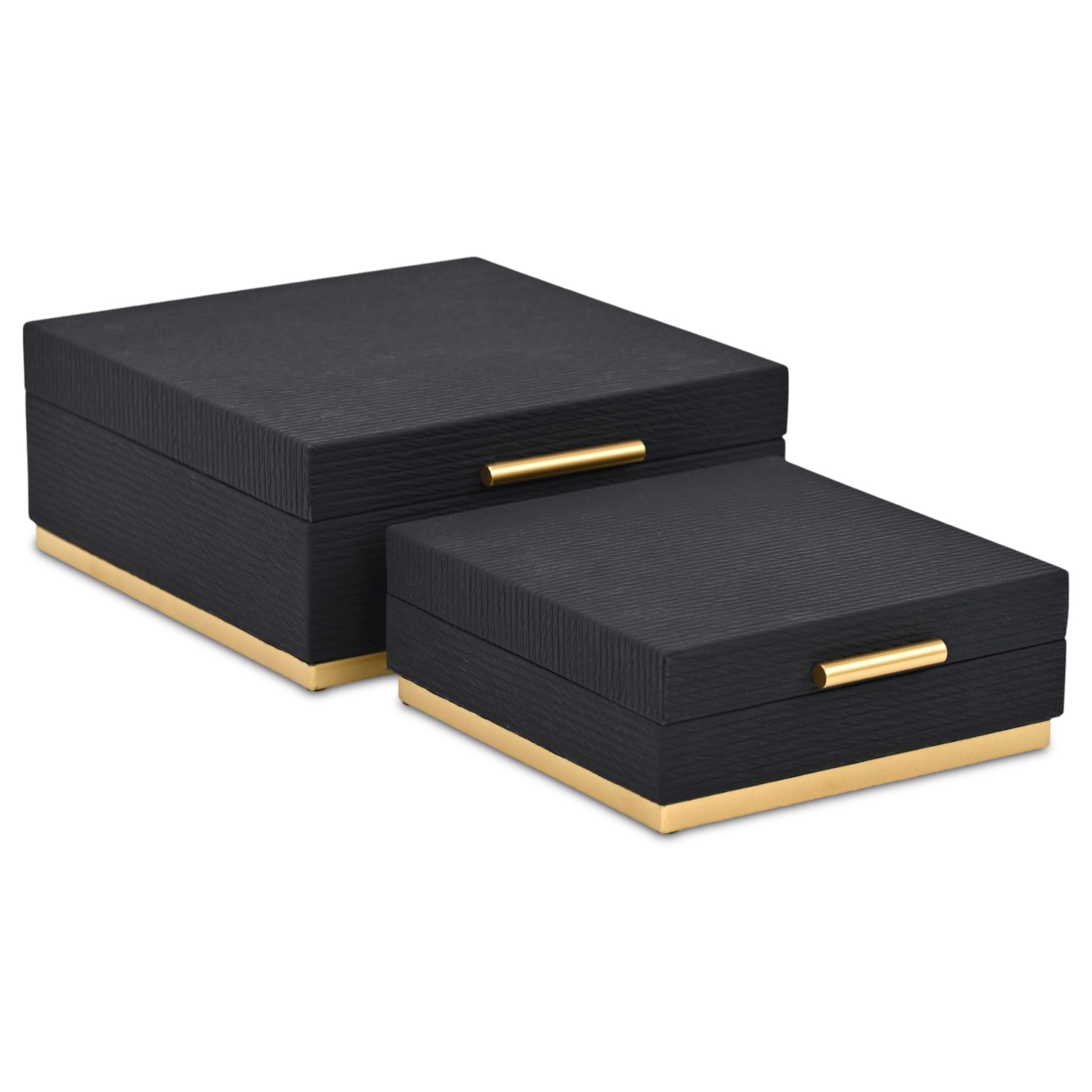 Set of Two Black And Gold Striped Square Nesting Storage Boxes With Lids