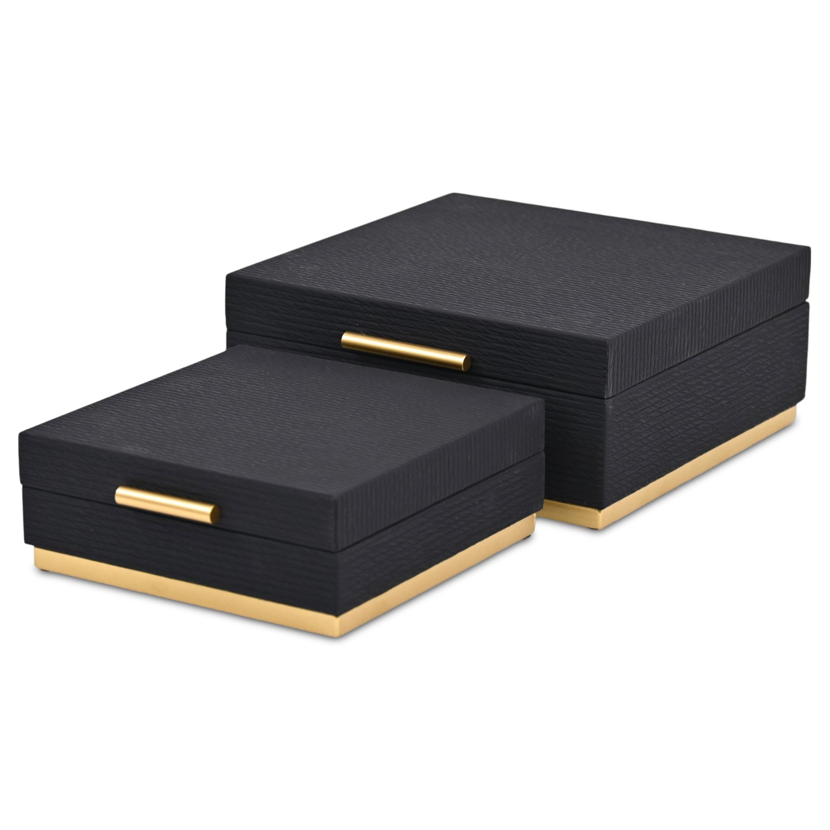 Set of Two Black And Gold Striped Square Nesting Storage Boxes With Lids