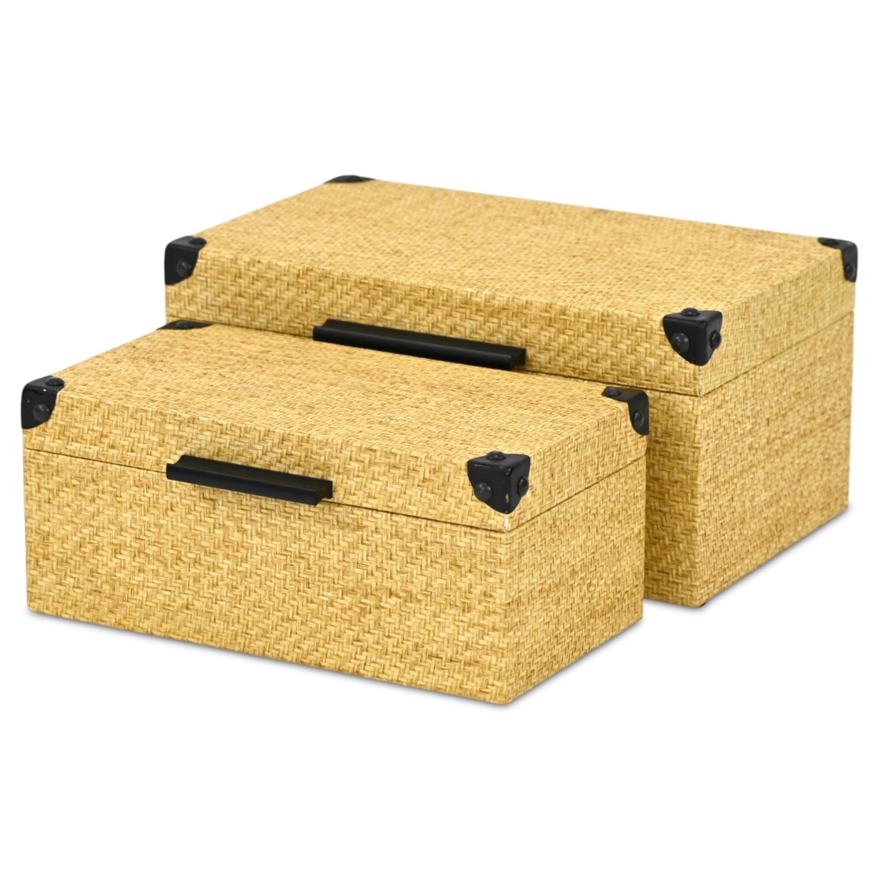 Set of Two Natural And Black Faux Rattan Nesting Storage Boxes With Lids