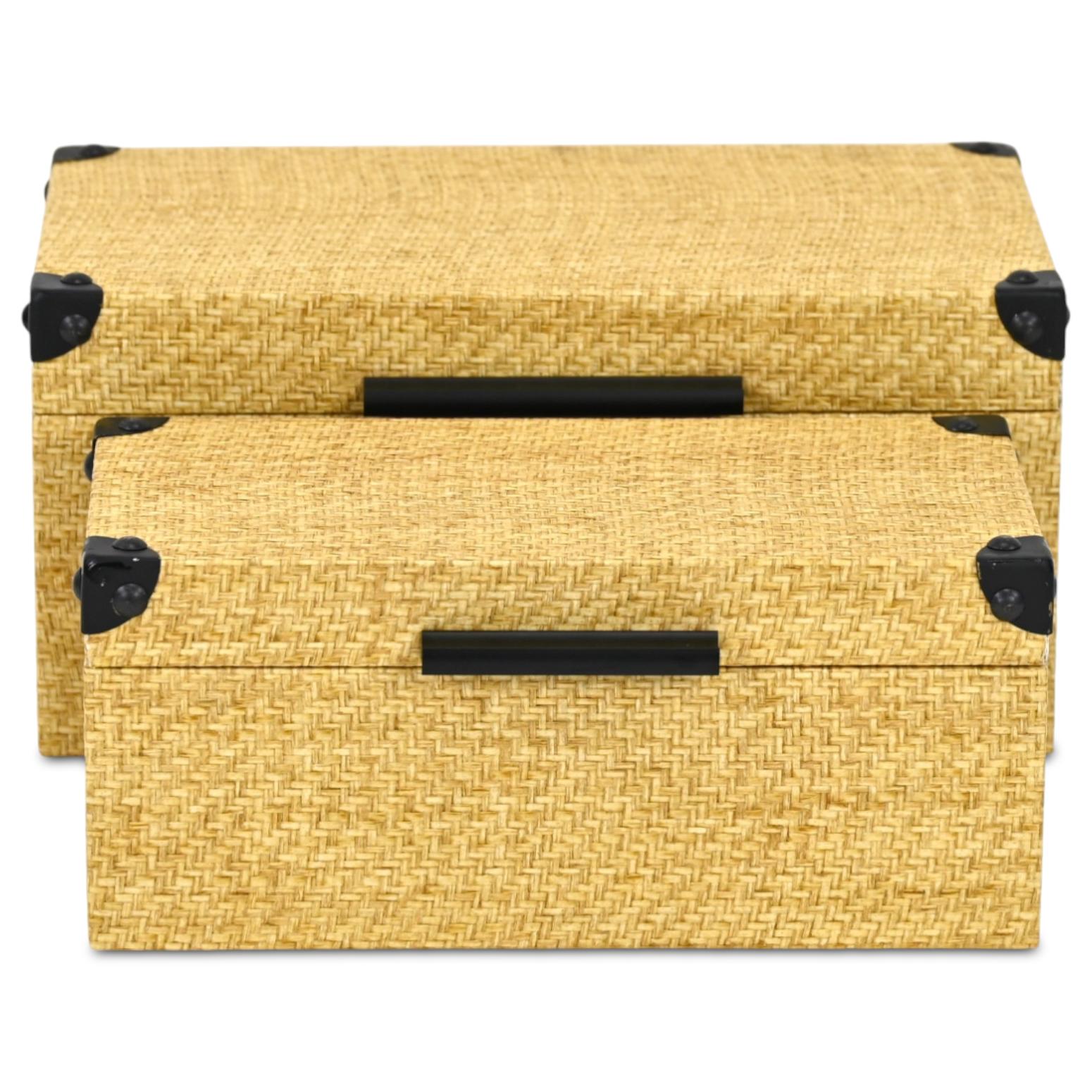 Set of Two Natural And Black Faux Rattan Nesting Storage Boxes With Lids