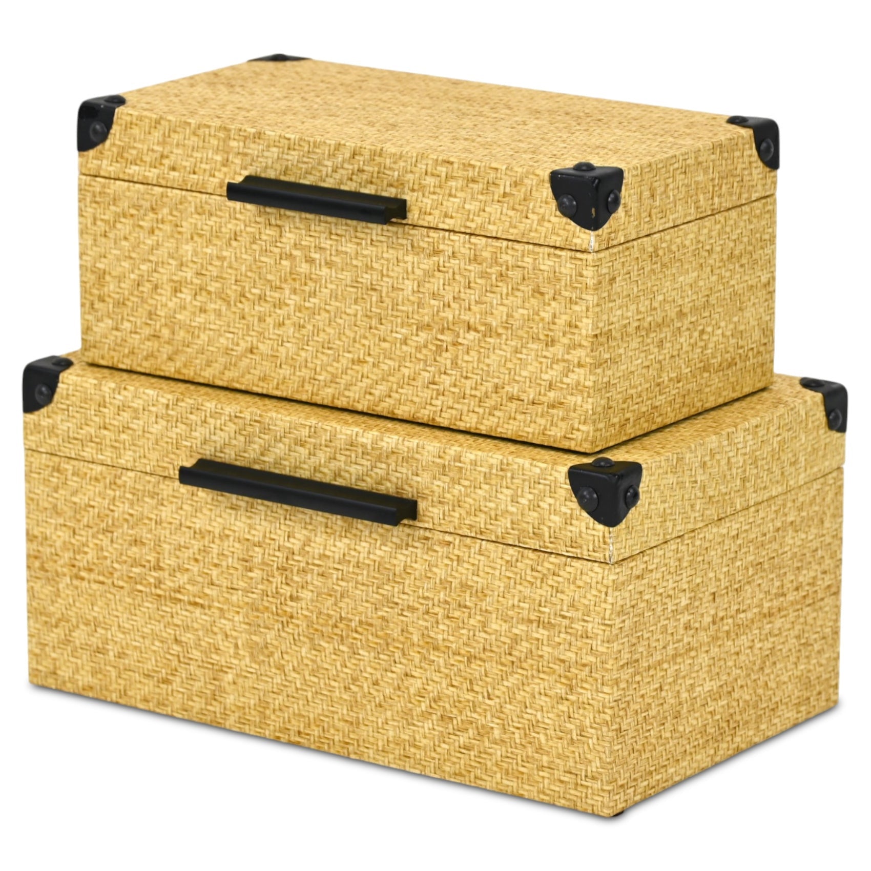 Set of Two Natural And Black Faux Rattan Nesting Storage Boxes With Lids