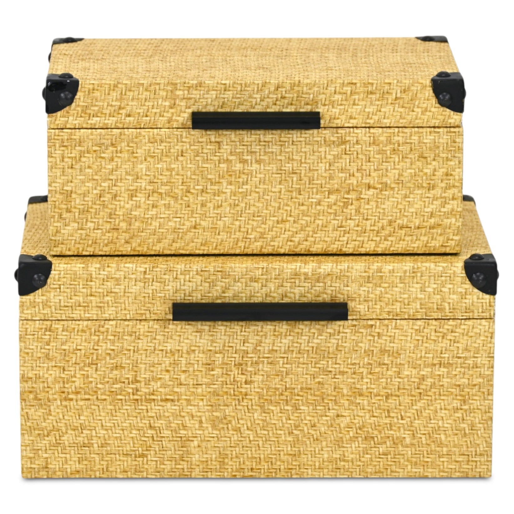Set of Two Natural And Black Faux Rattan Nesting Storage Boxes With Lids