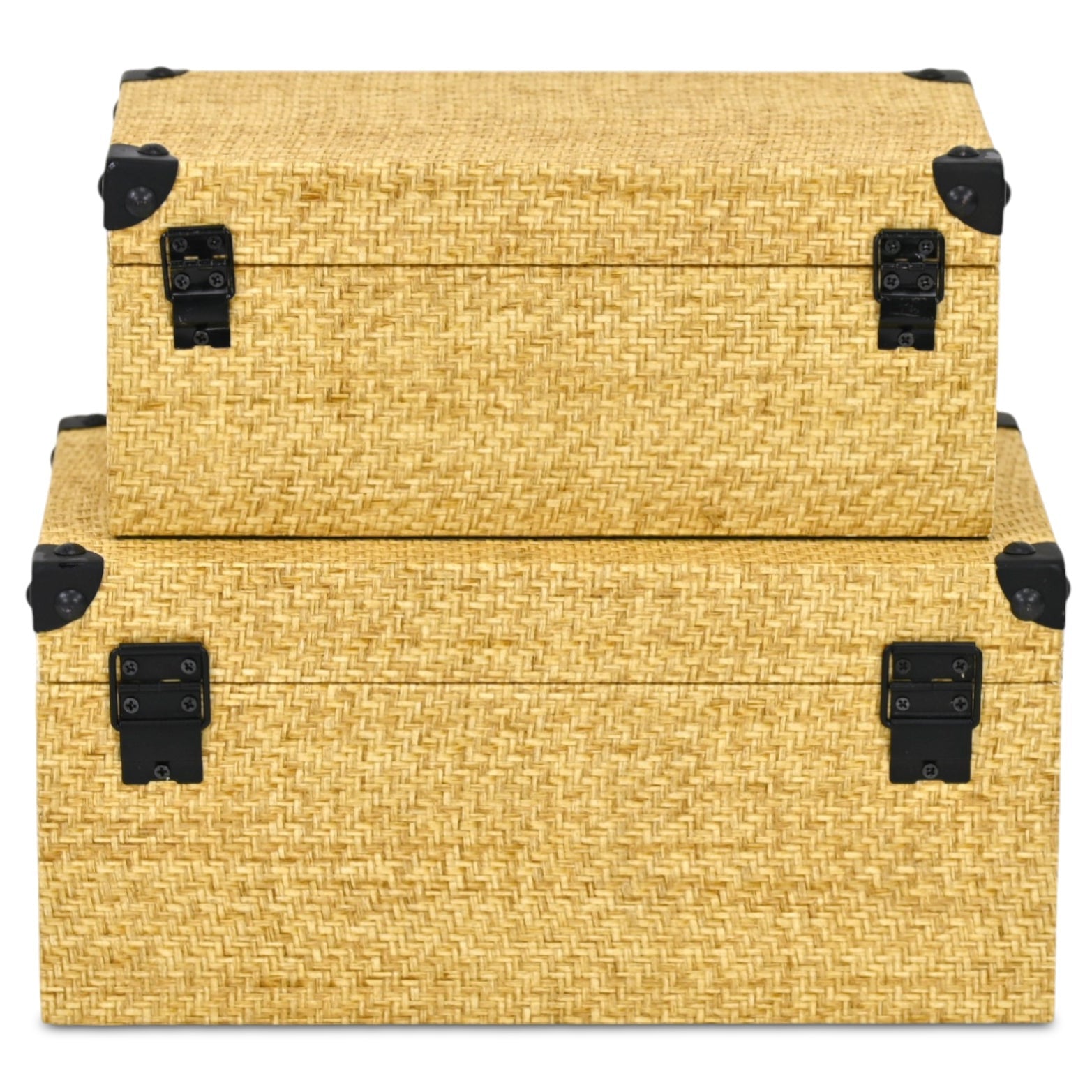 Set of Two Natural And Black Faux Rattan Nesting Storage Boxes With Lids