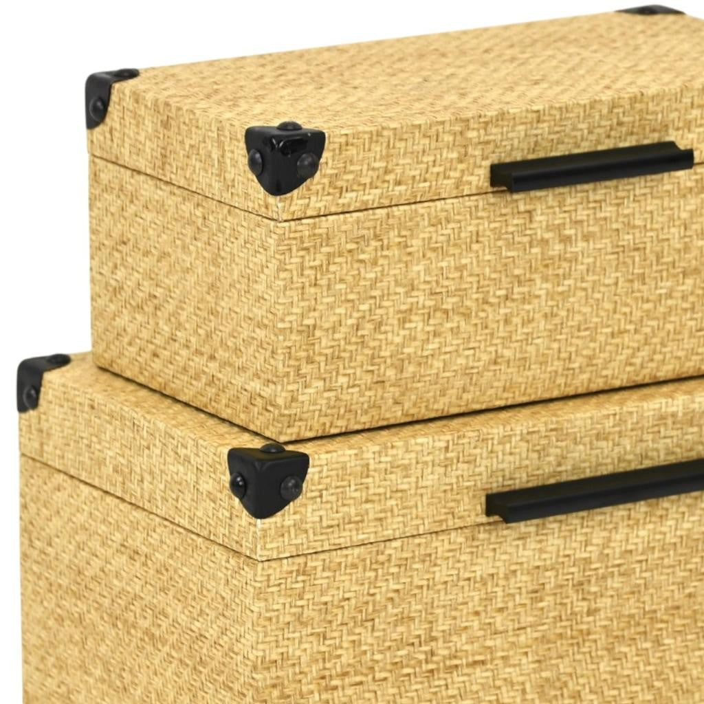 Set of Two Natural And Black Faux Rattan Nesting Storage Boxes With Lids