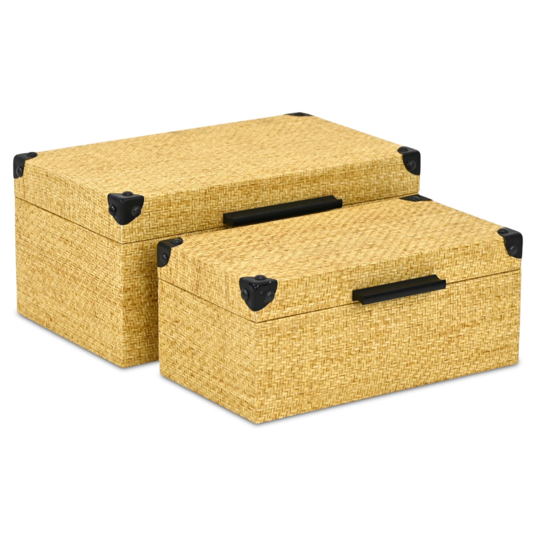 Set of Two Natural And Black Faux Rattan Nesting Storage Boxes With Lids