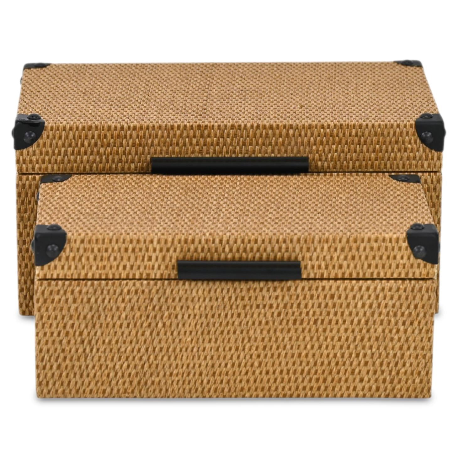 Set of Two Brown And Black Faux Rattan Nesting Storage Boxes With Lids