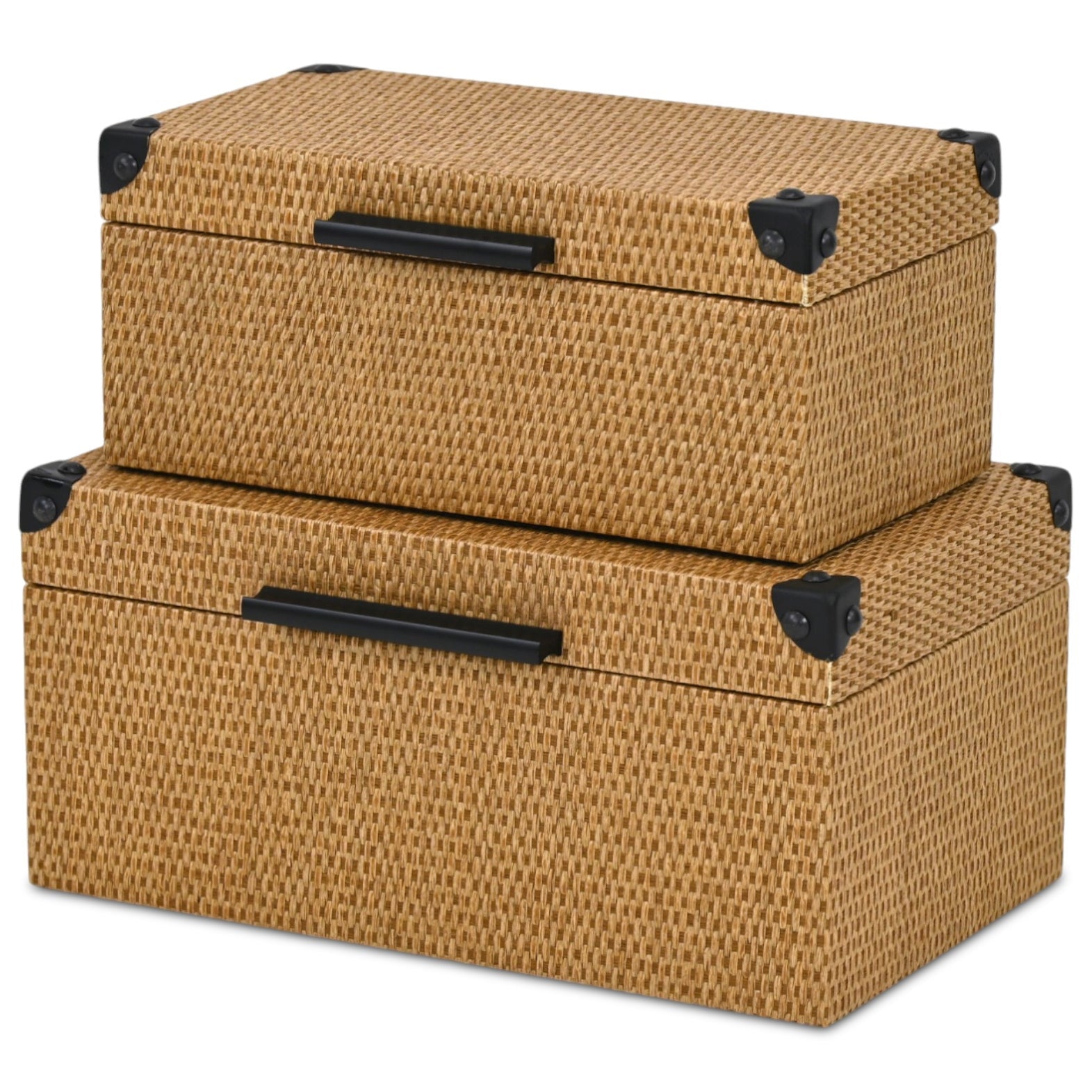 Set of Two Brown And Black Faux Rattan Nesting Storage Boxes With Lids