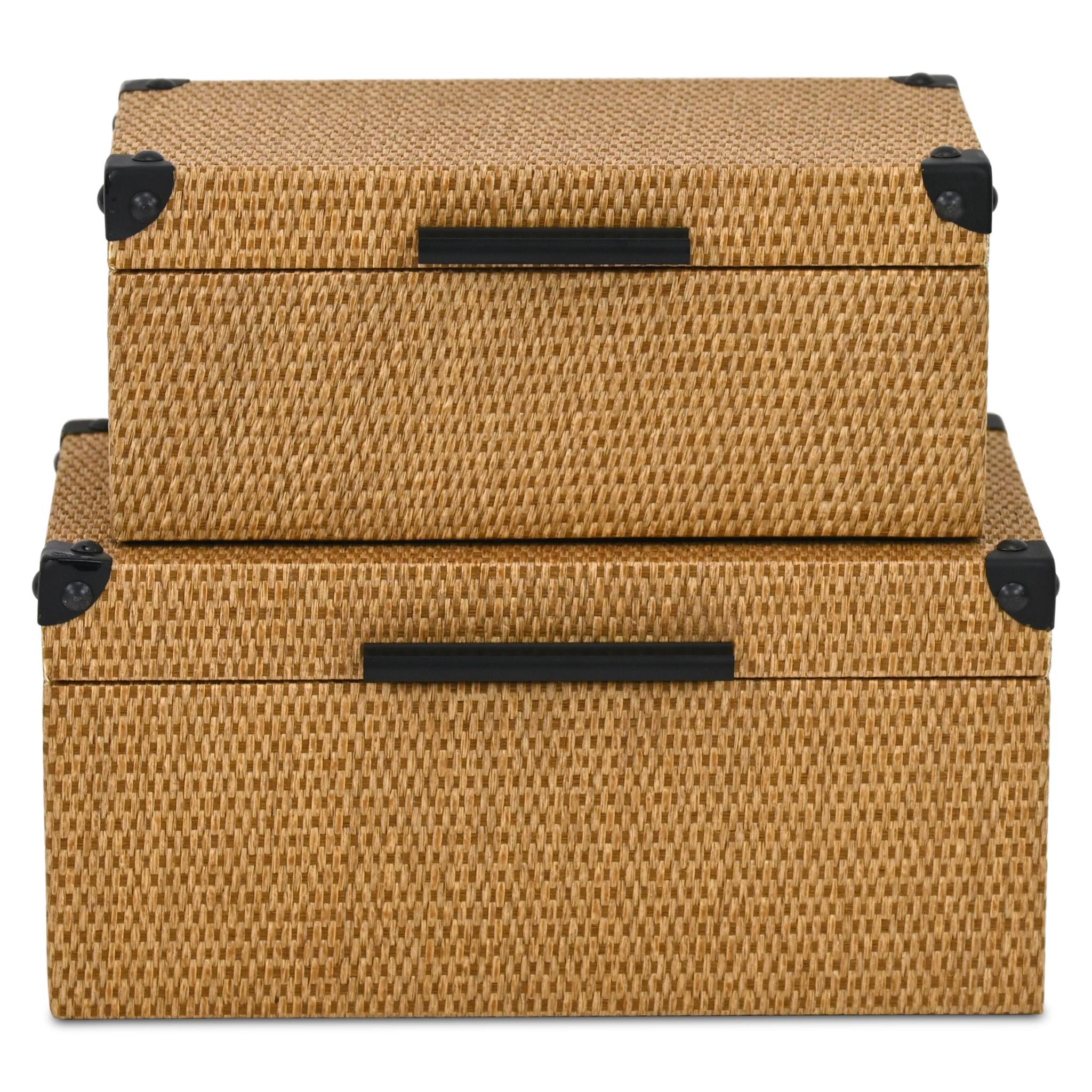 Set of Two Brown And Black Faux Rattan Nesting Storage Boxes With Lids
