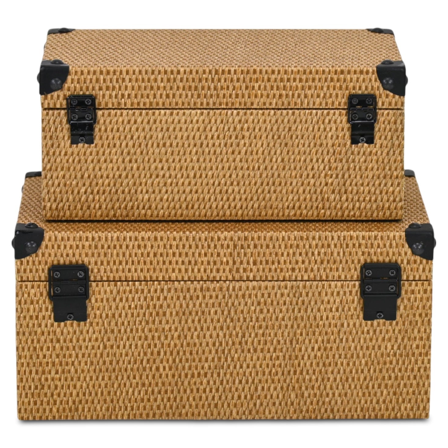 Set of Two Brown And Black Faux Rattan Nesting Storage Boxes With Lids