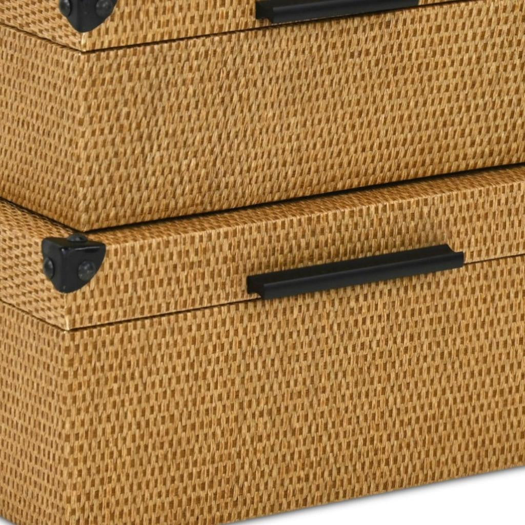 Set of Two Brown And Black Faux Rattan Nesting Storage Boxes With Lids