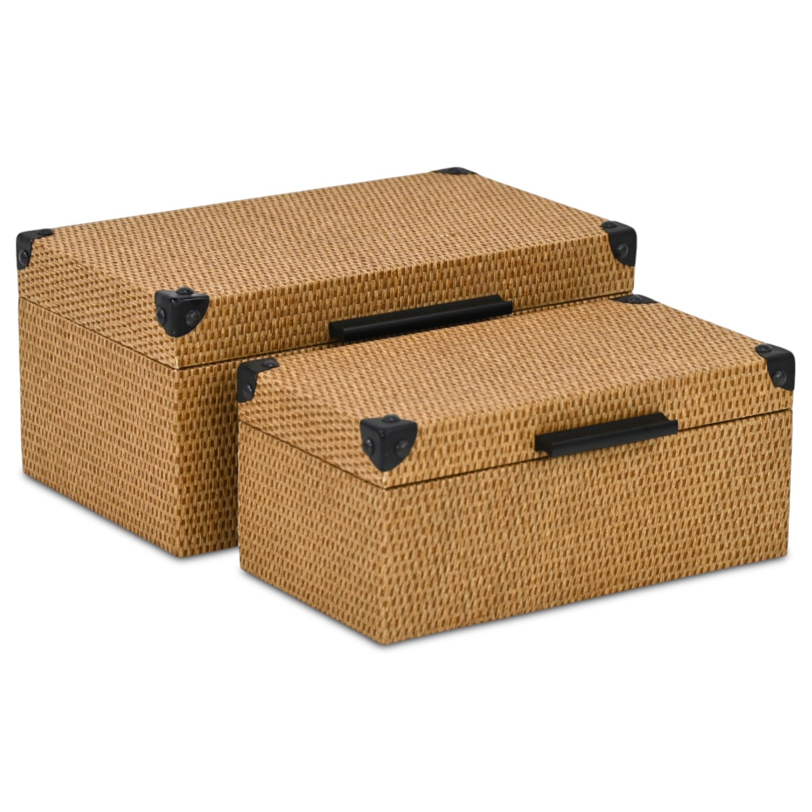 Set of Two Brown And Black Faux Rattan Nesting Storage Boxes With Lids