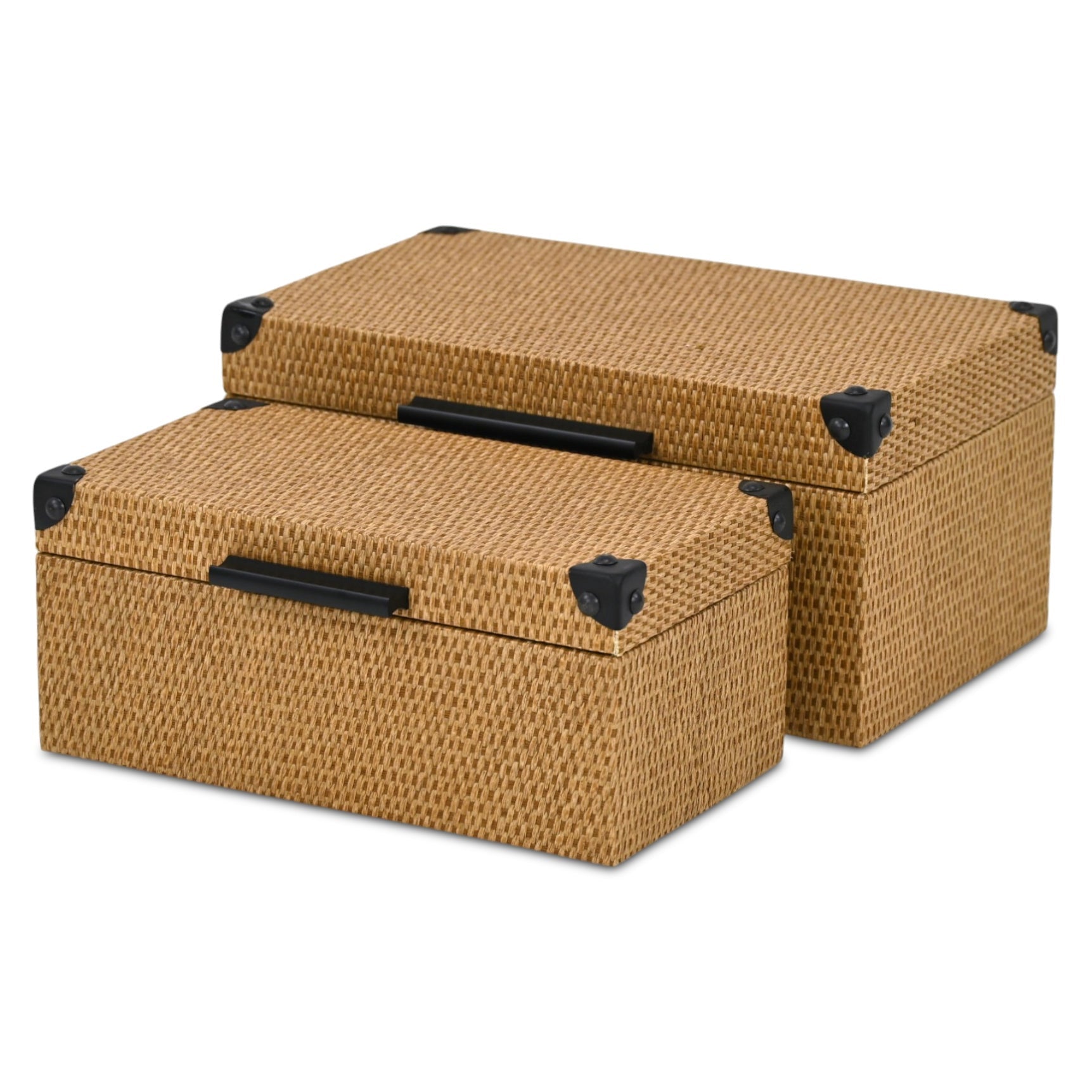 Set of Two Brown And Black Faux Rattan Nesting Storage Boxes With Lids