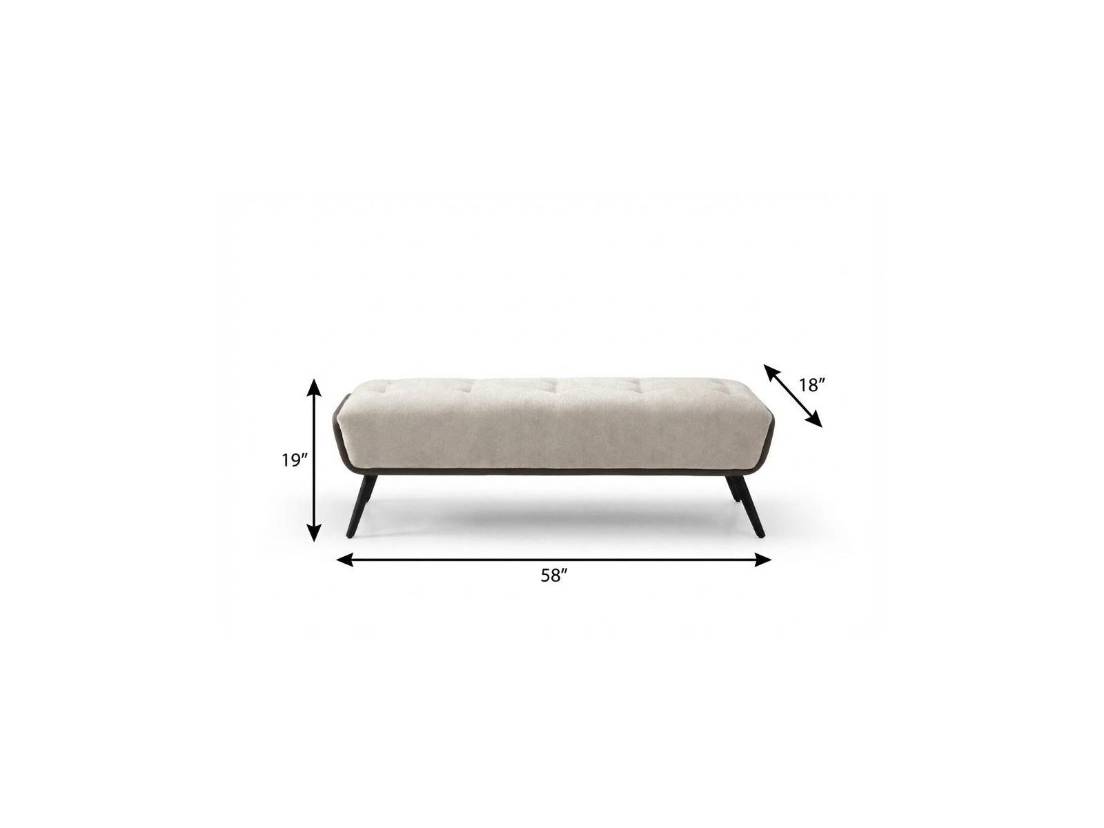 58" Beige Dark Gray and Black Tufted Faux Leather Fabric and Steel Upholstered Bench