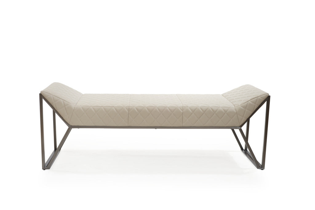 63" Cream and Gray Quilted Faux Leather and Steel Upholstered Bench