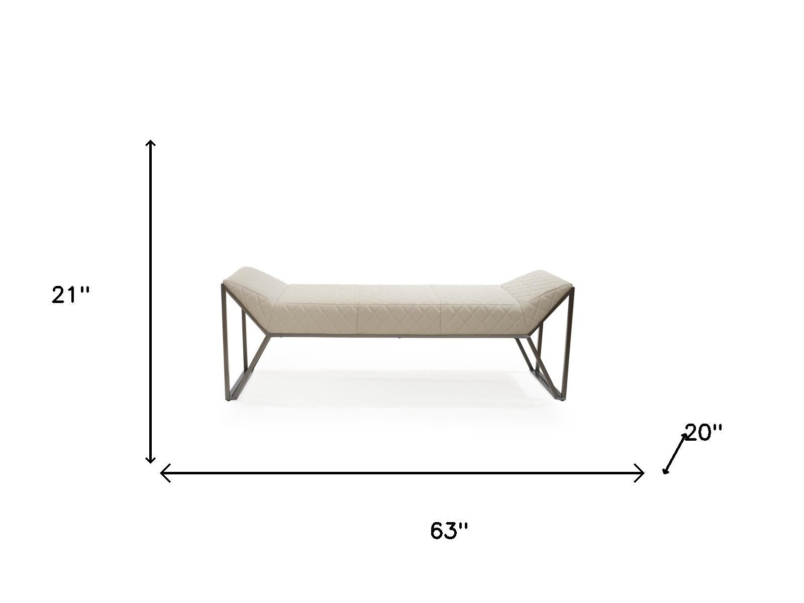 63" Cream and Gray Quilted Faux Leather and Steel Upholstered Bench