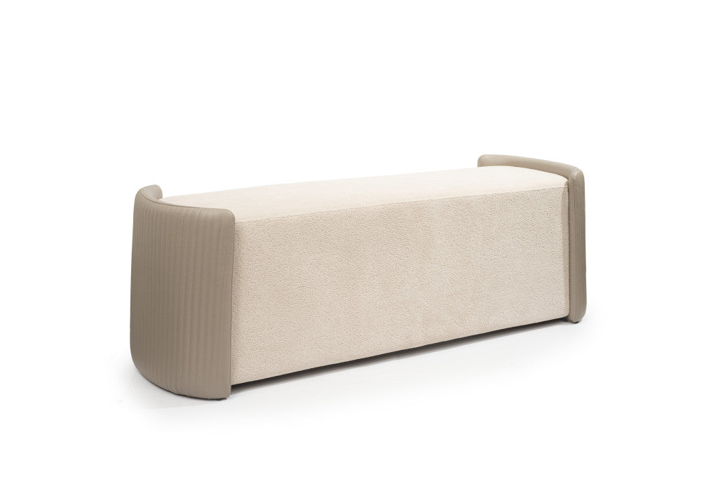 58" Taupe and Light Gray Boucle And Faux Leather Upholstered Bench