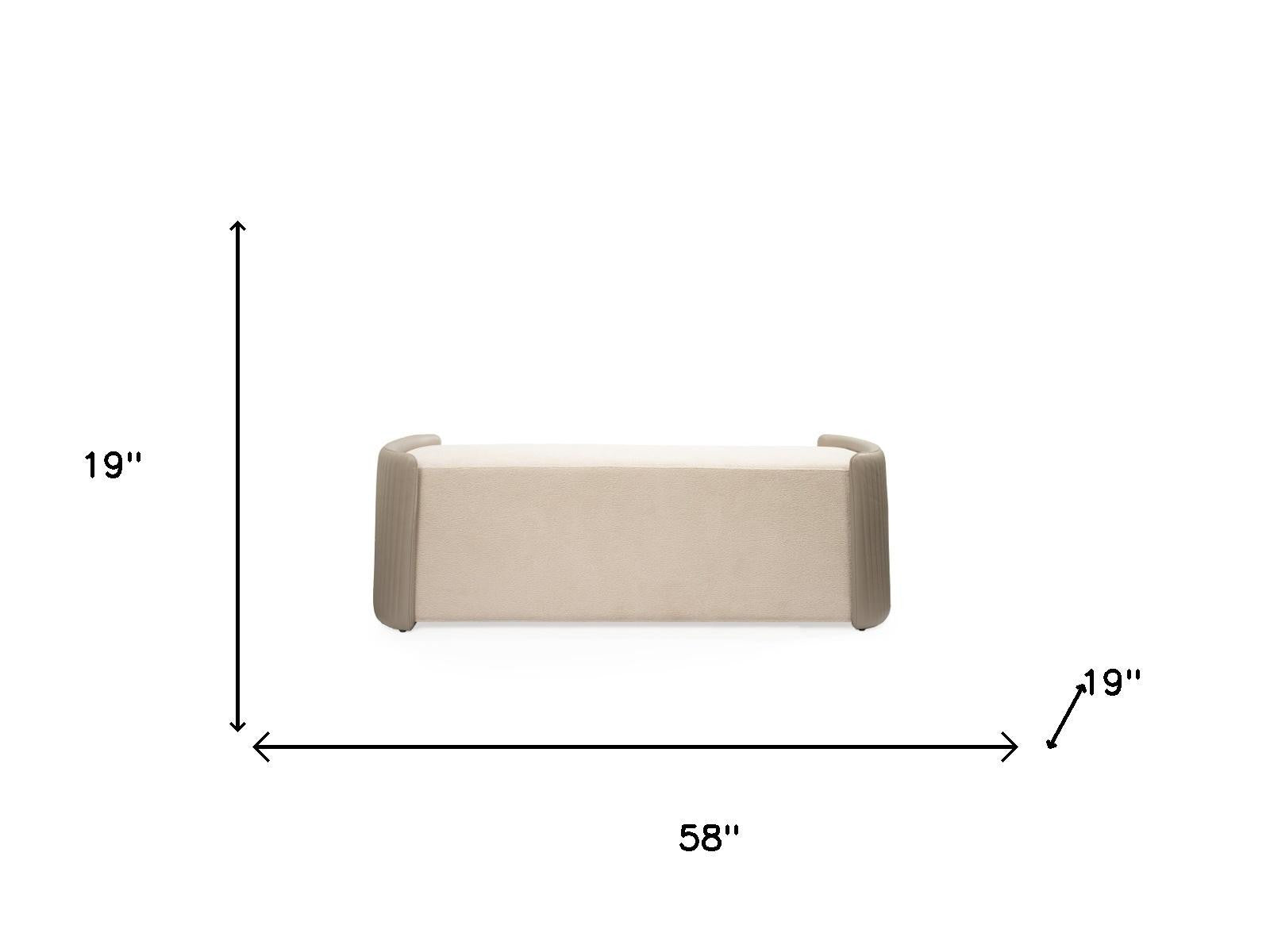 58" Taupe and Light Gray Boucle And Faux Leather Upholstered Bench