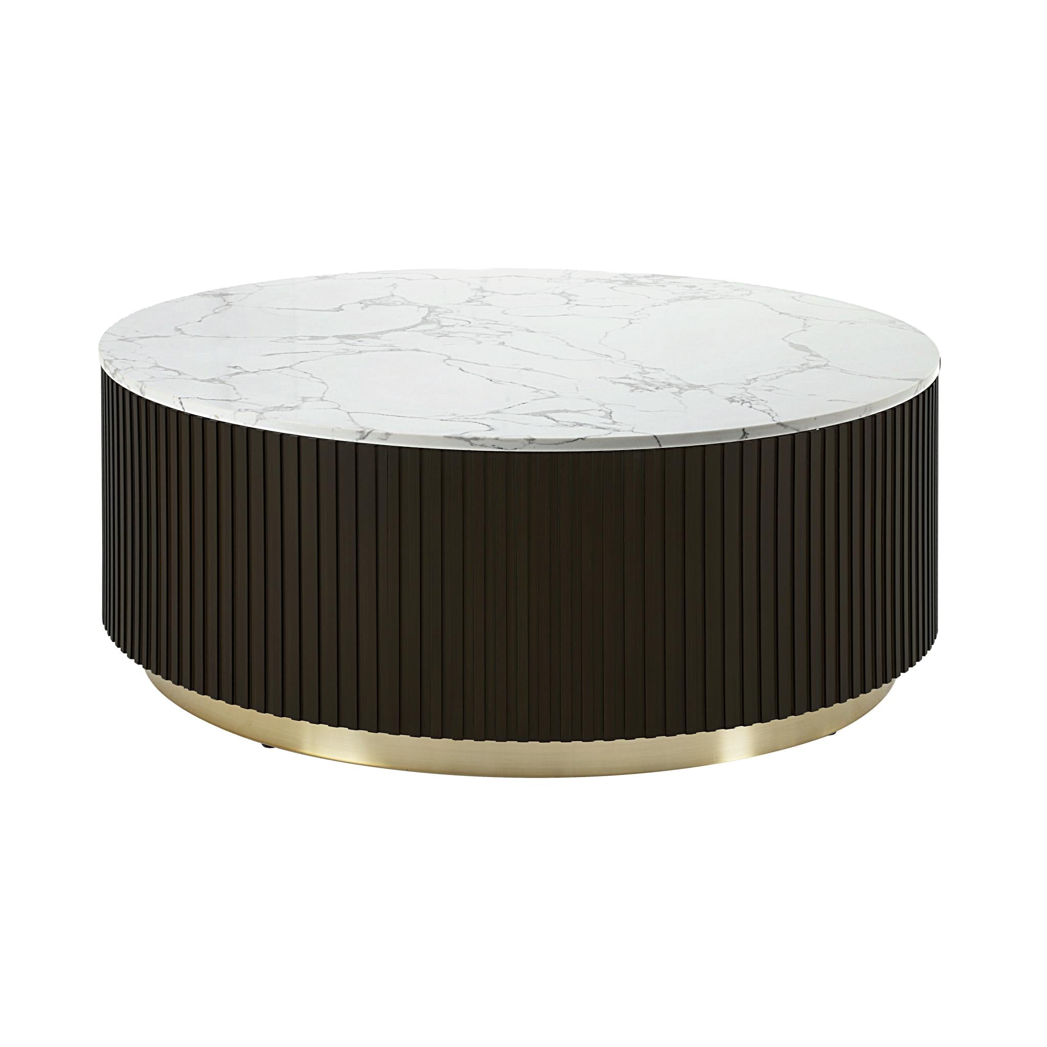 35" White Espresso and Gold Faux Marble Solid Wood and Steel Round Drum Coffee Table