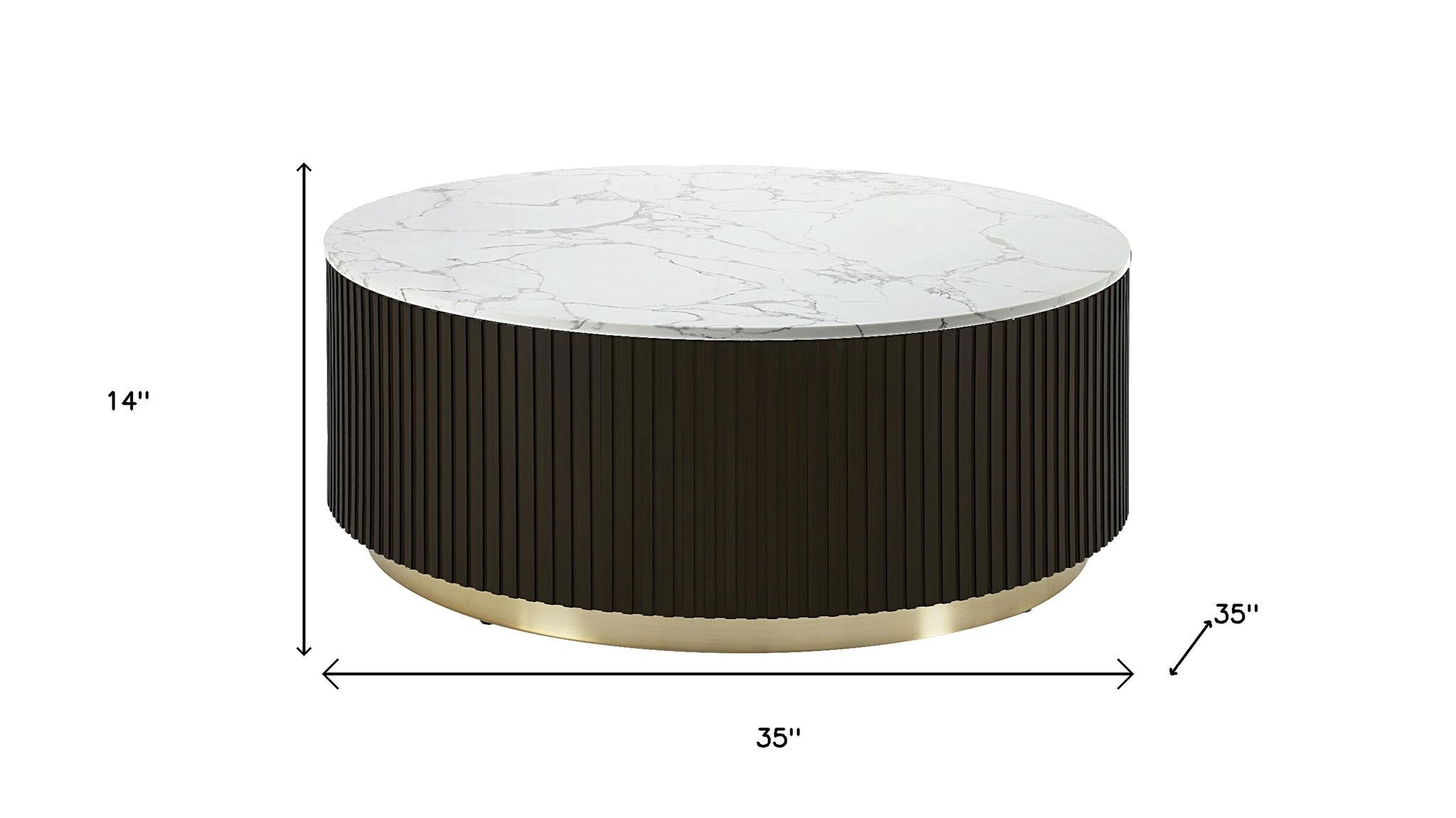 35" White Espresso and Gold Faux Marble Solid Wood and Steel Round Drum Coffee Table