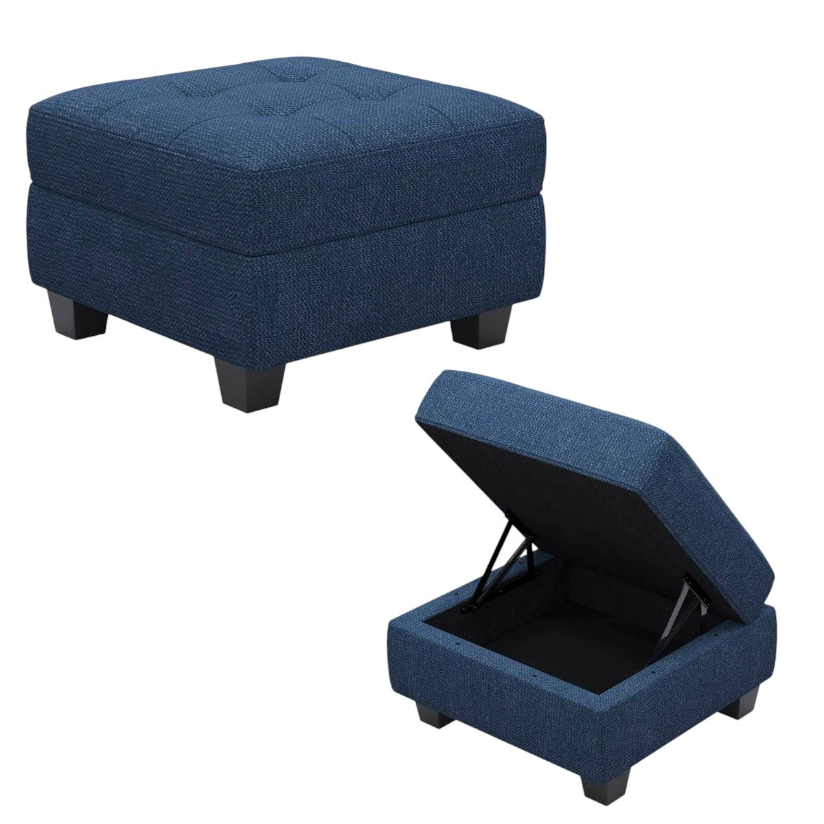 26" Blue and Black Solid Wood and Linen Tufted Storage Ottoman