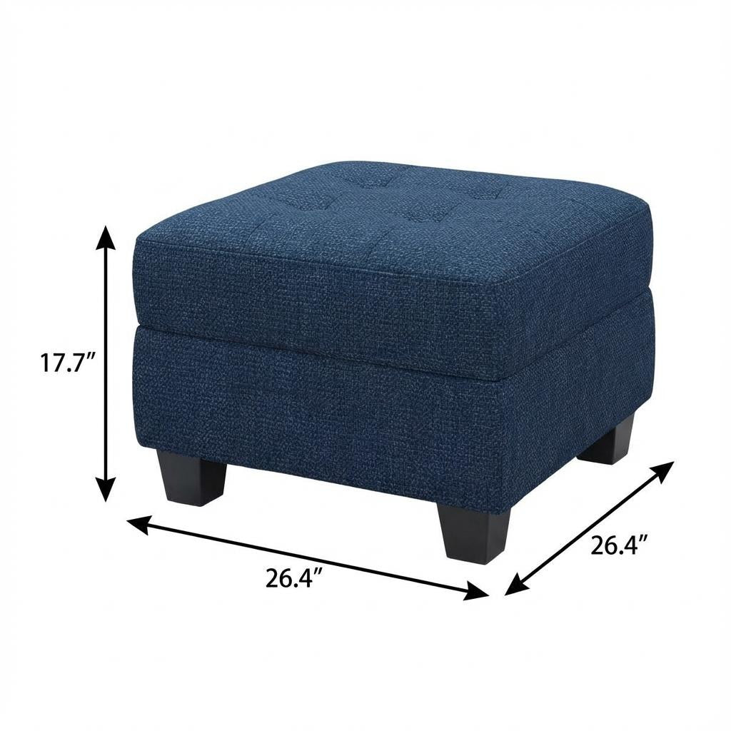26" Blue and Black Solid Wood and Linen Tufted Storage Ottoman