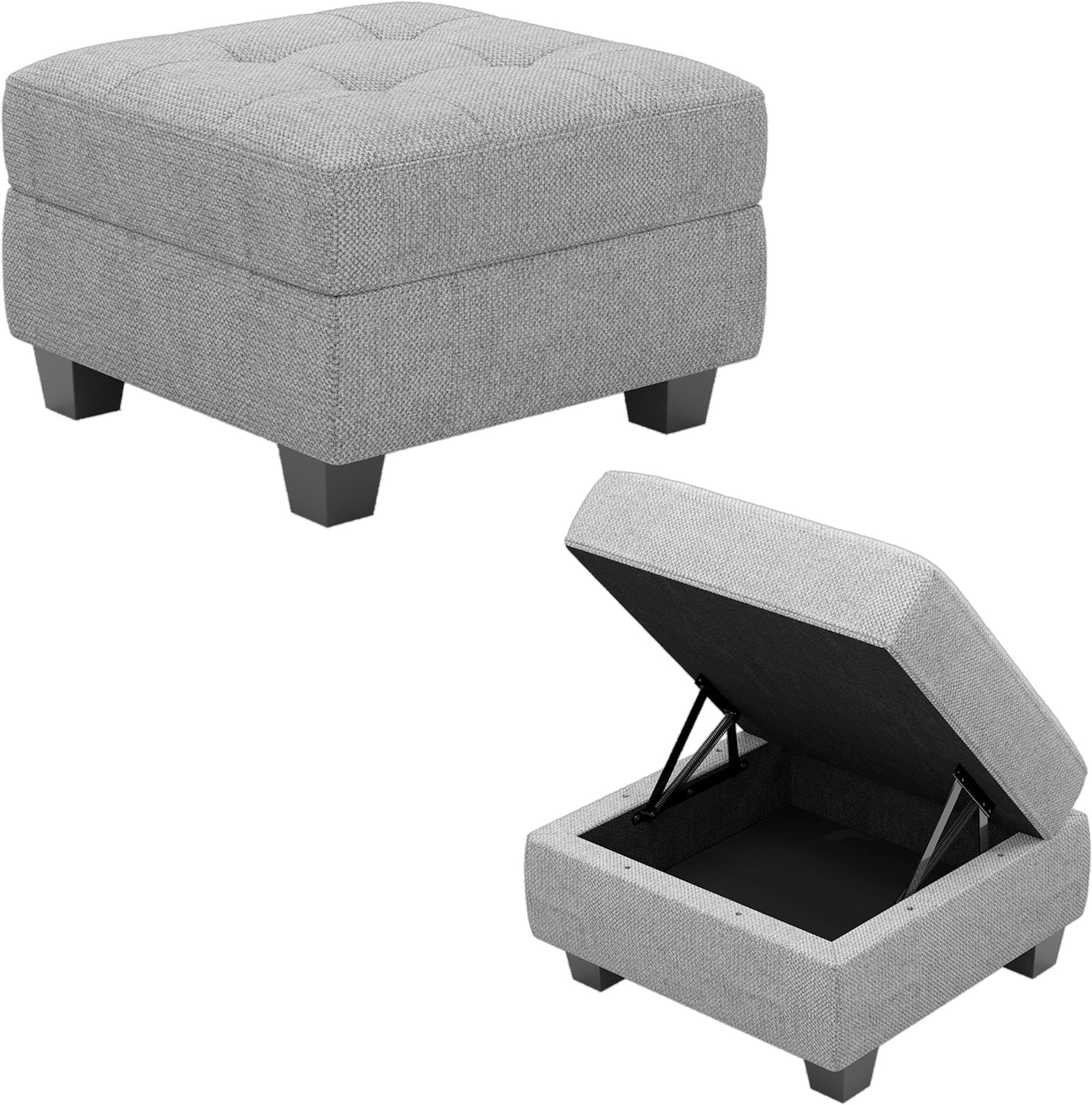 26" Light Gray and Black Linen Tufted Storage Ottoman