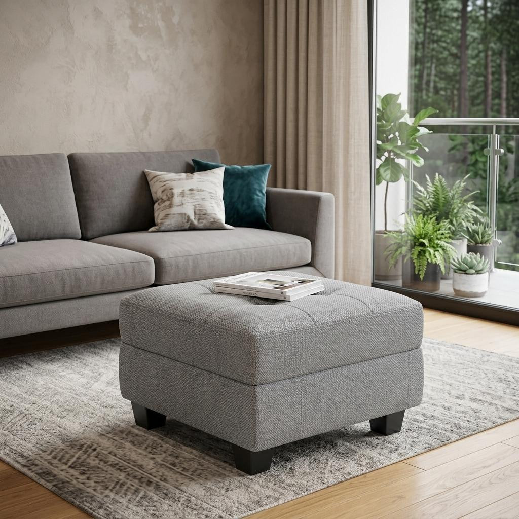 26" Light Gray and Black Linen Tufted Storage Ottoman
