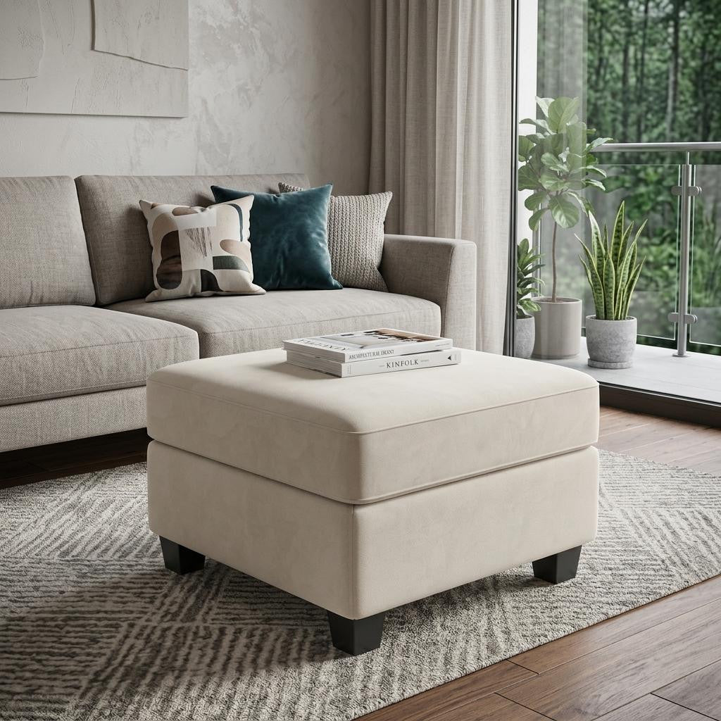 25" Beige and Black Velvet Storage Ottoman