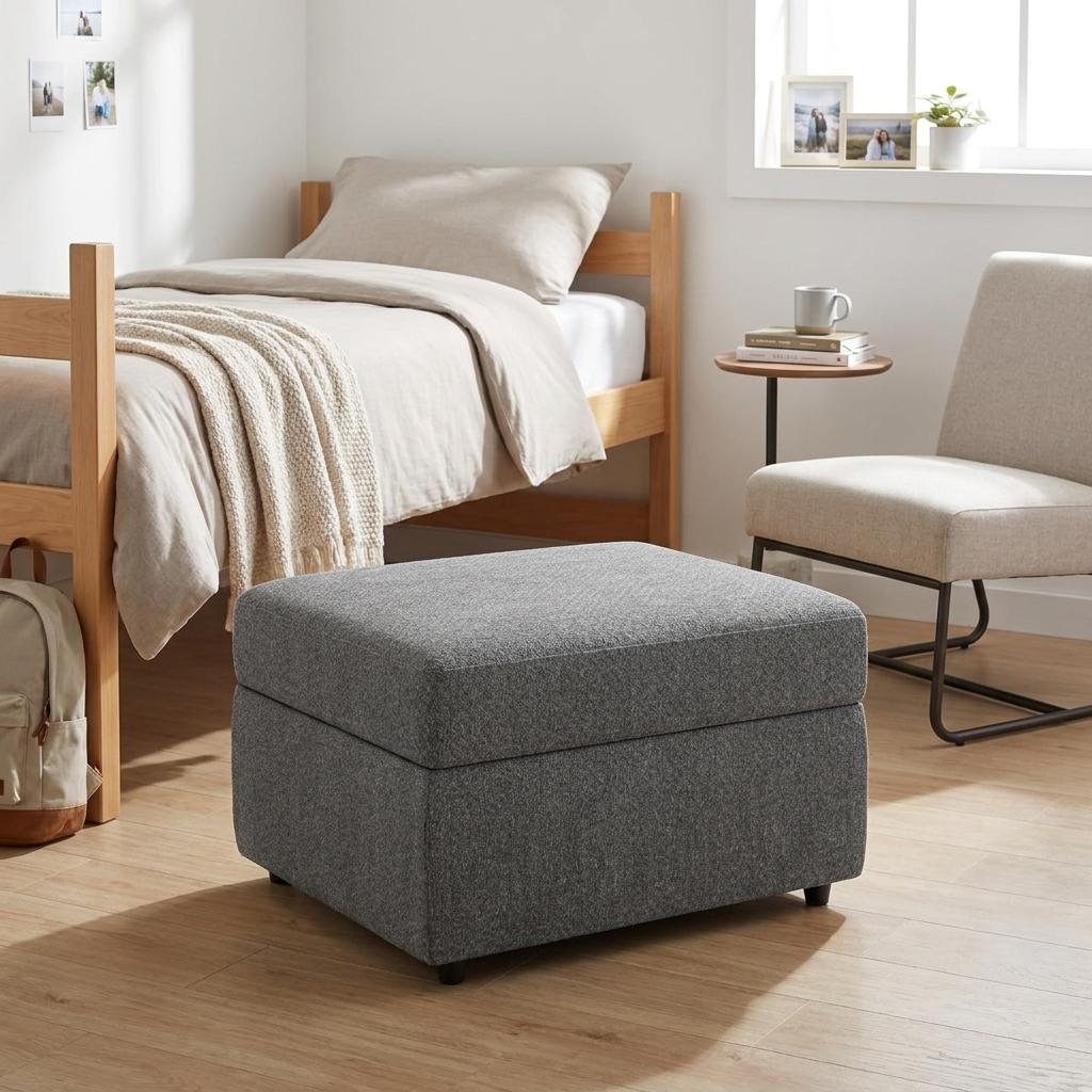 30" Light Gray and Black Chenille Storage Ottoman