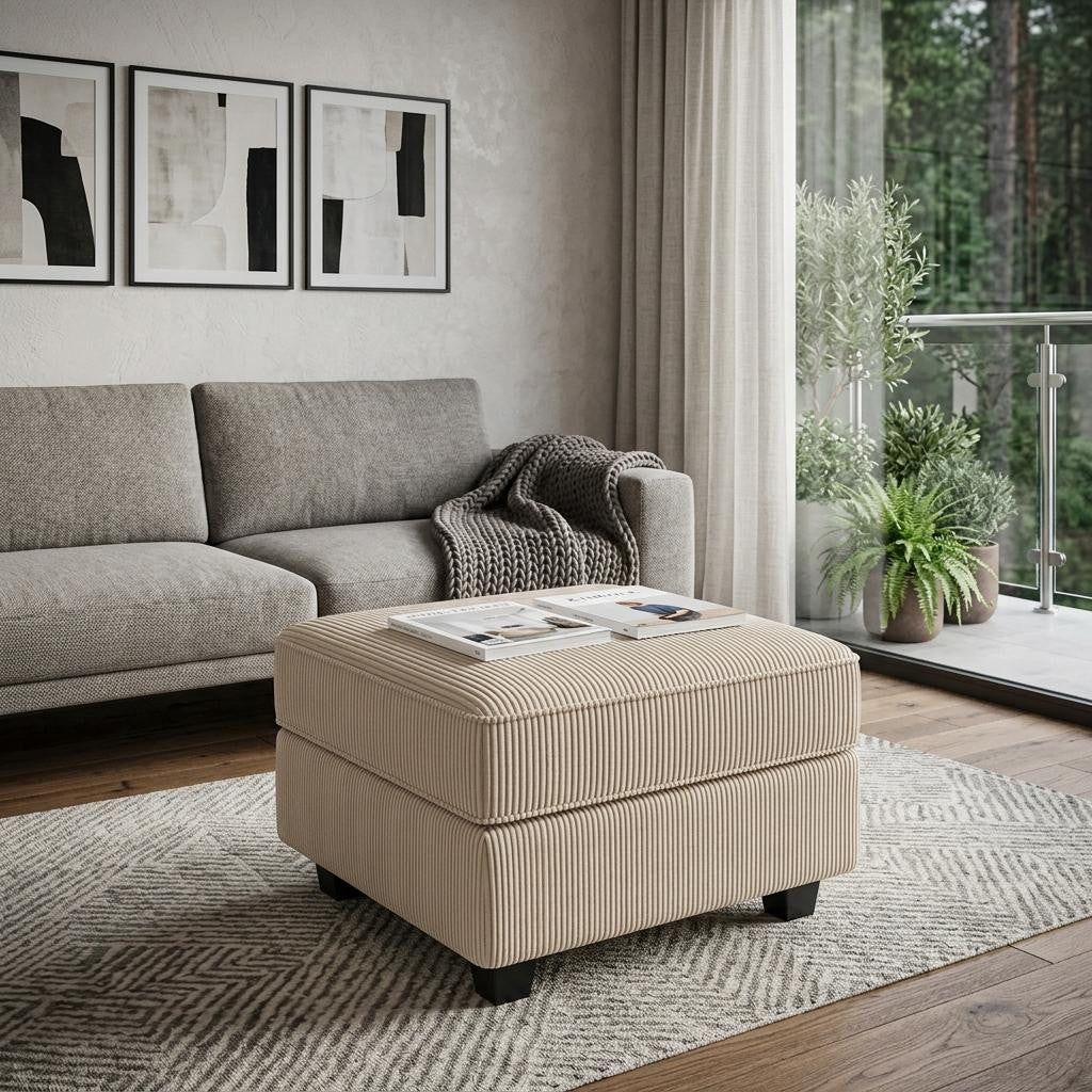 26" Beige and Black Corduroy Storage Ottoman