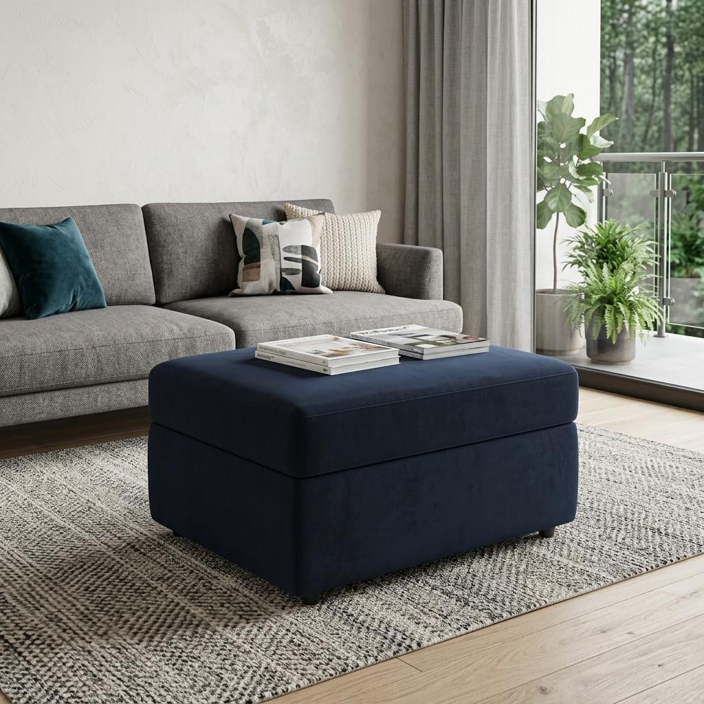 30" Blue and Black Velvet Storage Ottoman