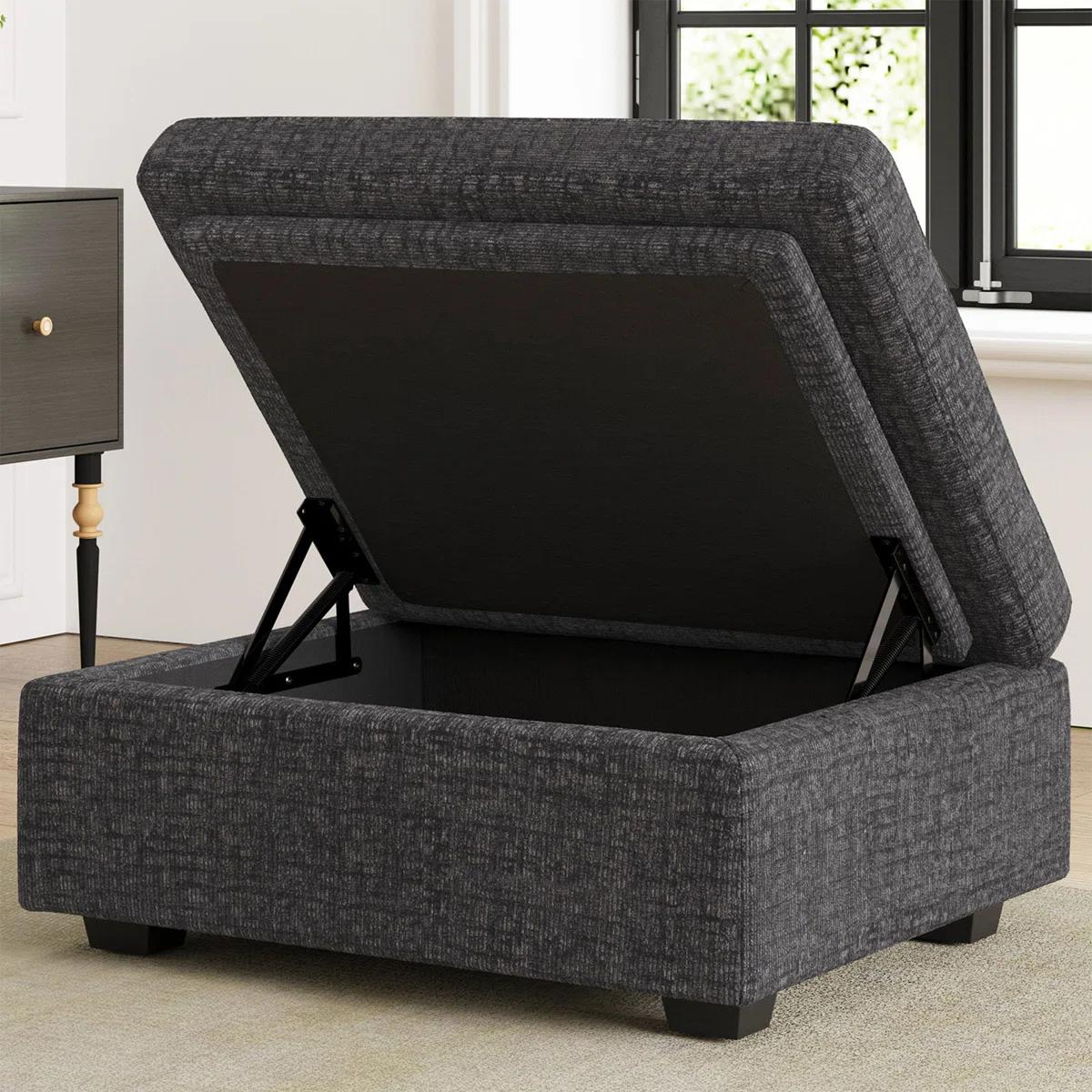 30" Charcoal Gray and Black Chenille Storage Ottoman