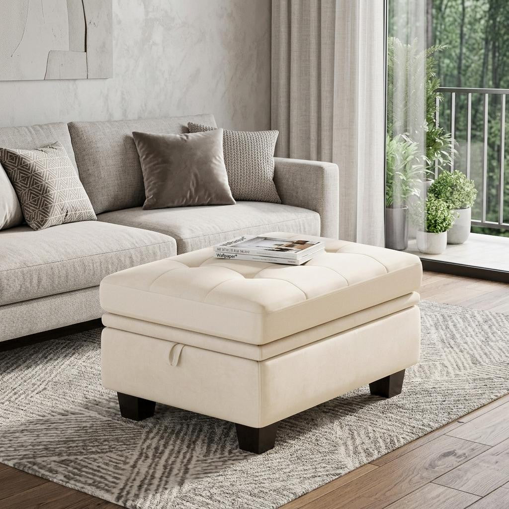 32" Beige and Black Velvet Tufted Storage Ottoman