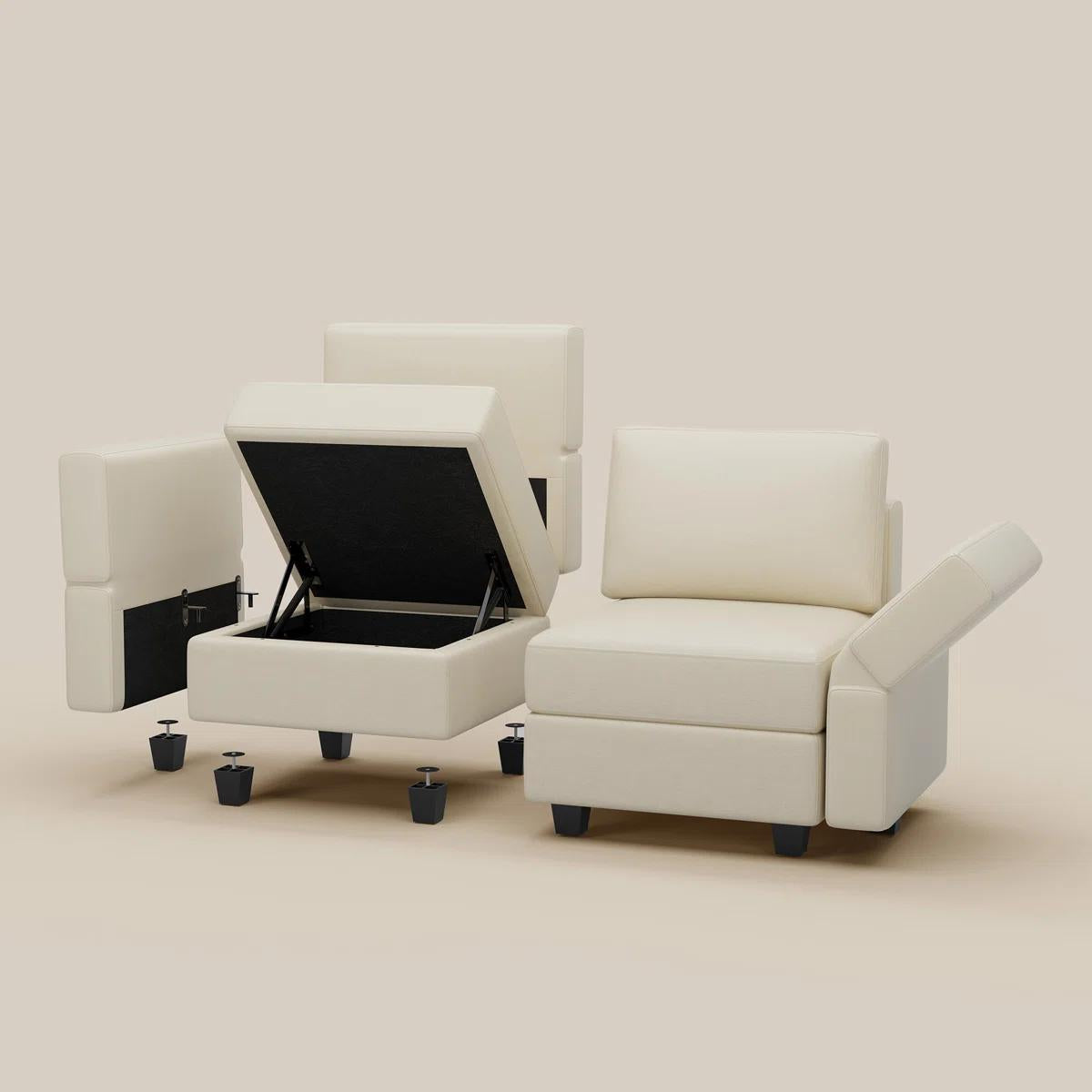 26" Beige and Black Faux Leather Storage Ottoman