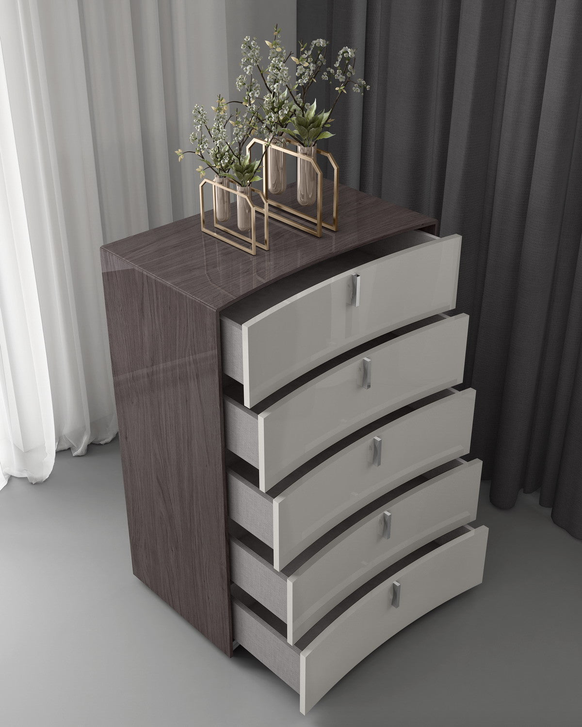 31" Chestnut And Light Gray Wood Five Drawer Dresser