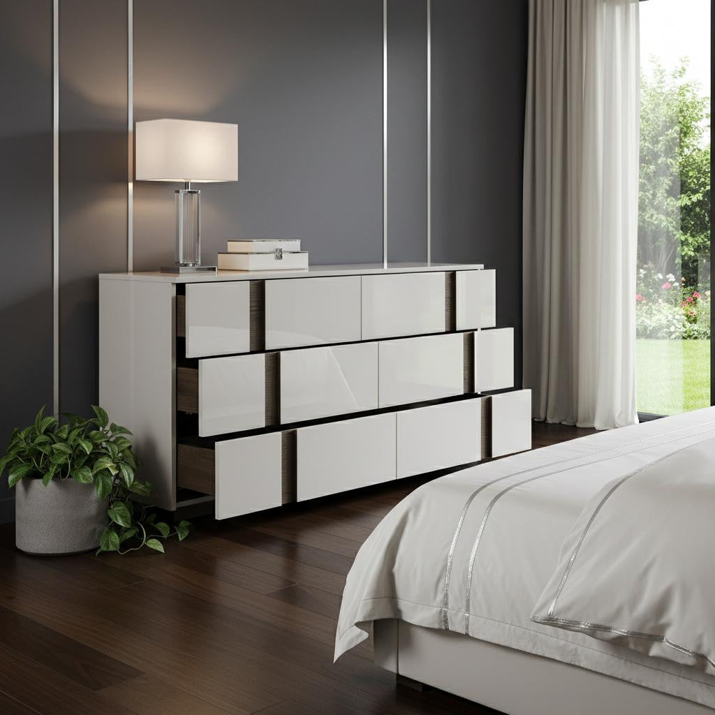 60" Light Gray And Walnut Wood Six Drawer Double Dresser