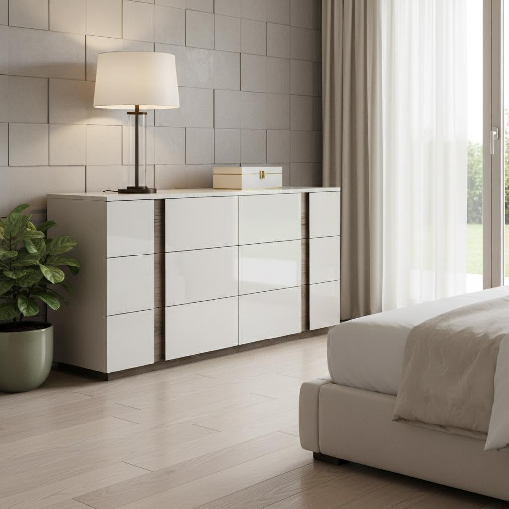 60" Light Gray And Walnut Wood Six Drawer Double Dresser