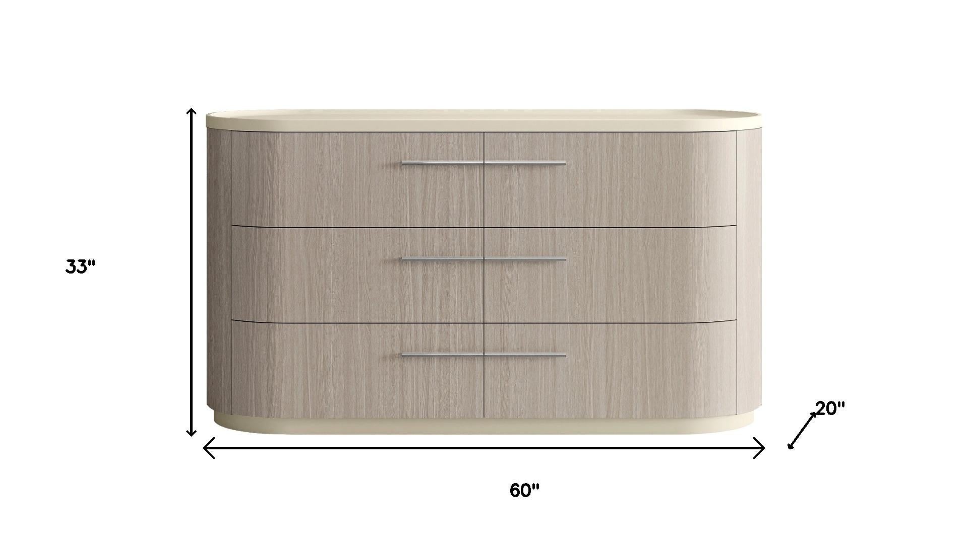 60" Beige And Oak Wood Six Drawer Double Dresser