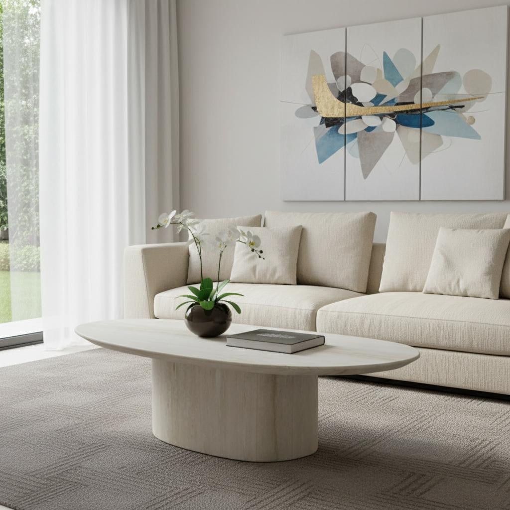 51" Beige Marble Oval Pedestal Coffee Table
