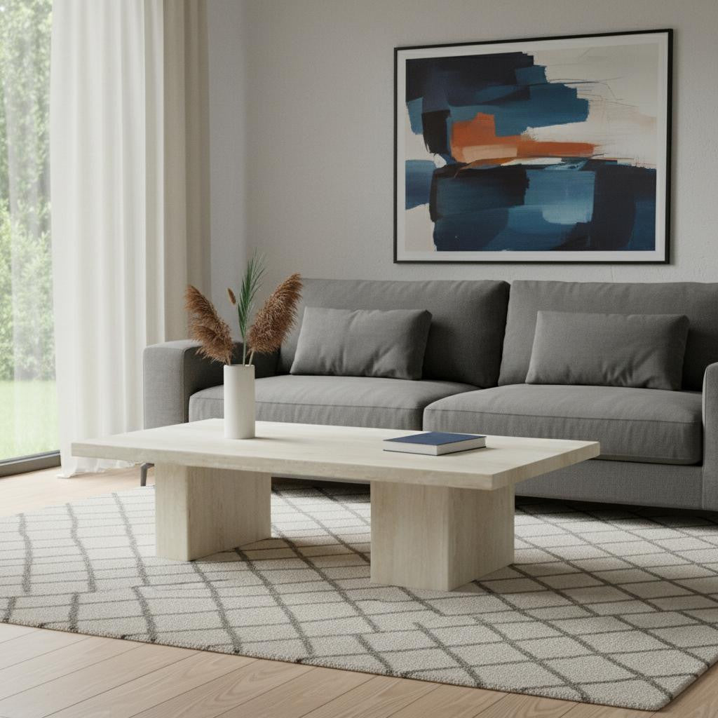 55" Beige Marble Double Pedestal Coffee Table
