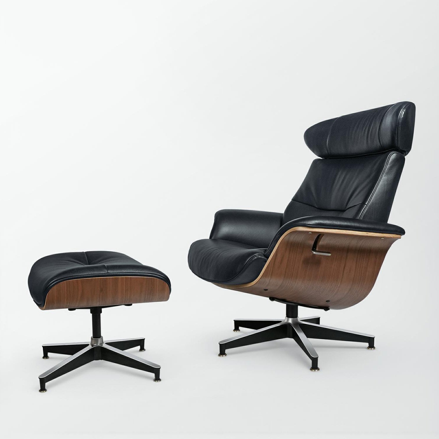 33" Black and Walnut Leather And Wood Swivel Lounge Chair With Ottoman