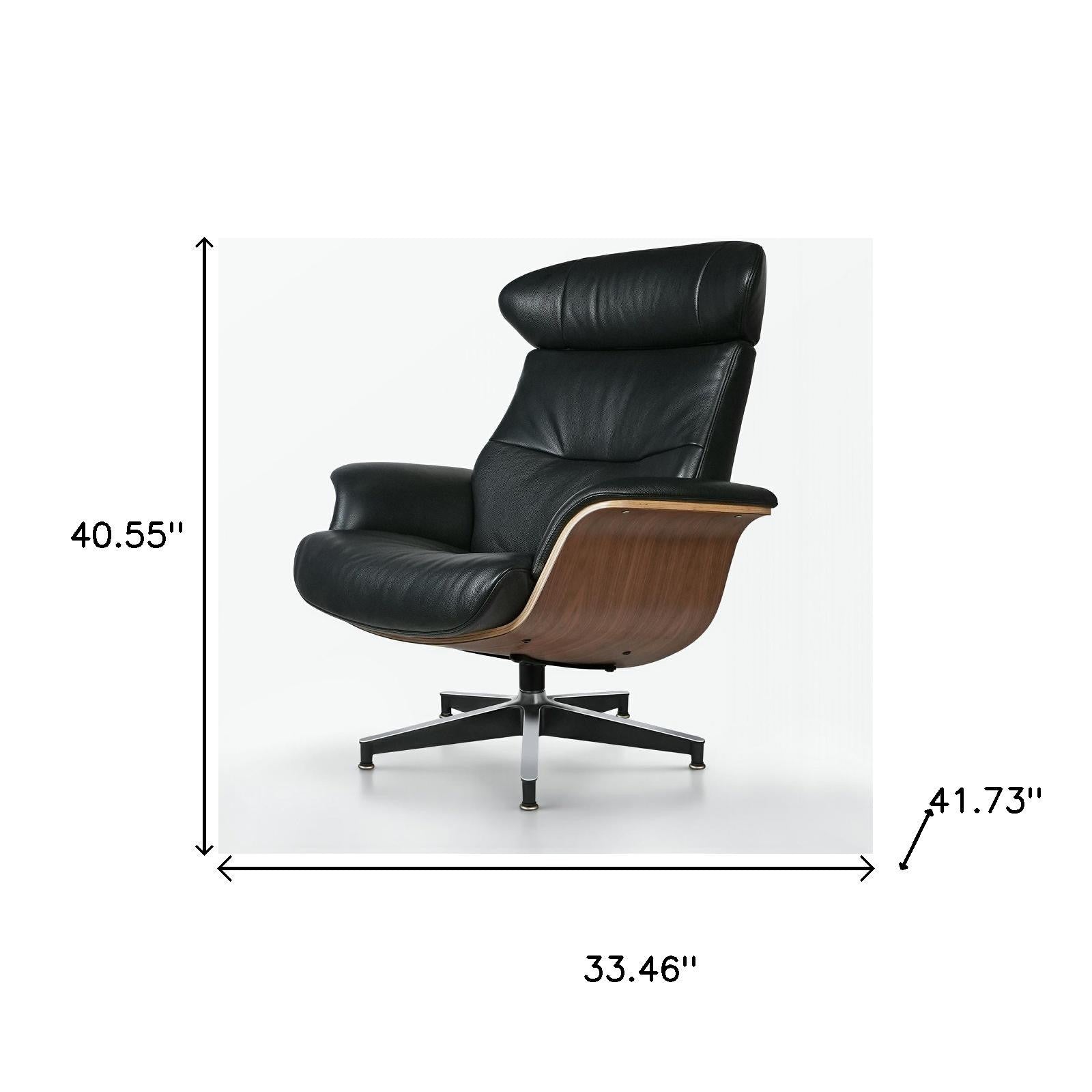 33" Black and Walnut Leather And Wood Swivel Lounge Chair With Ottoman
