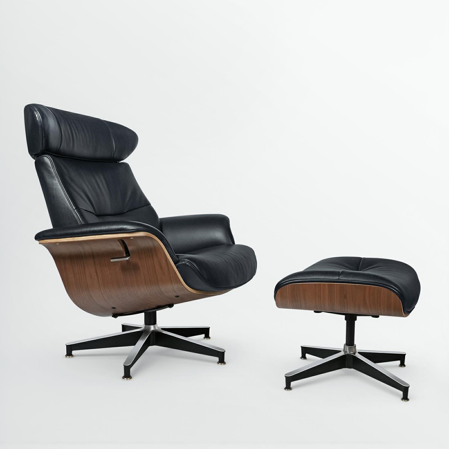 33" Black and Walnut Leather And Wood Swivel Lounge Chair With Ottoman