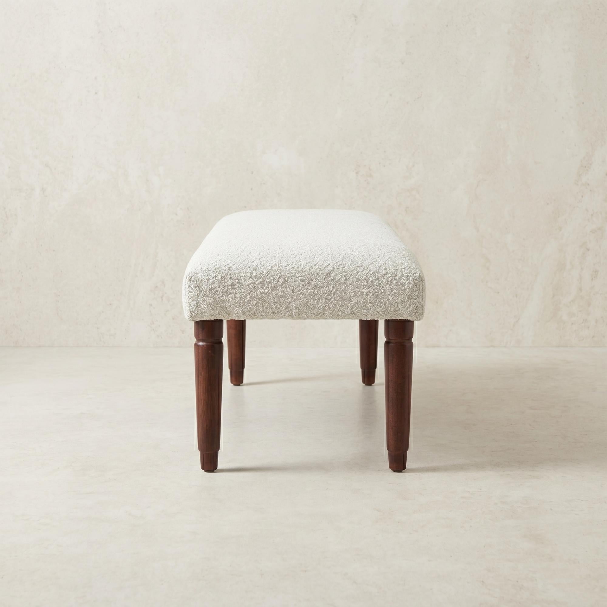 47" Cream and Brown Boucle and Solid Wood Upholstered Bench